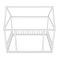 Full Size Floor Wooden Bed With House Roof Frame And Safety Guardrails ,White Full White Pine