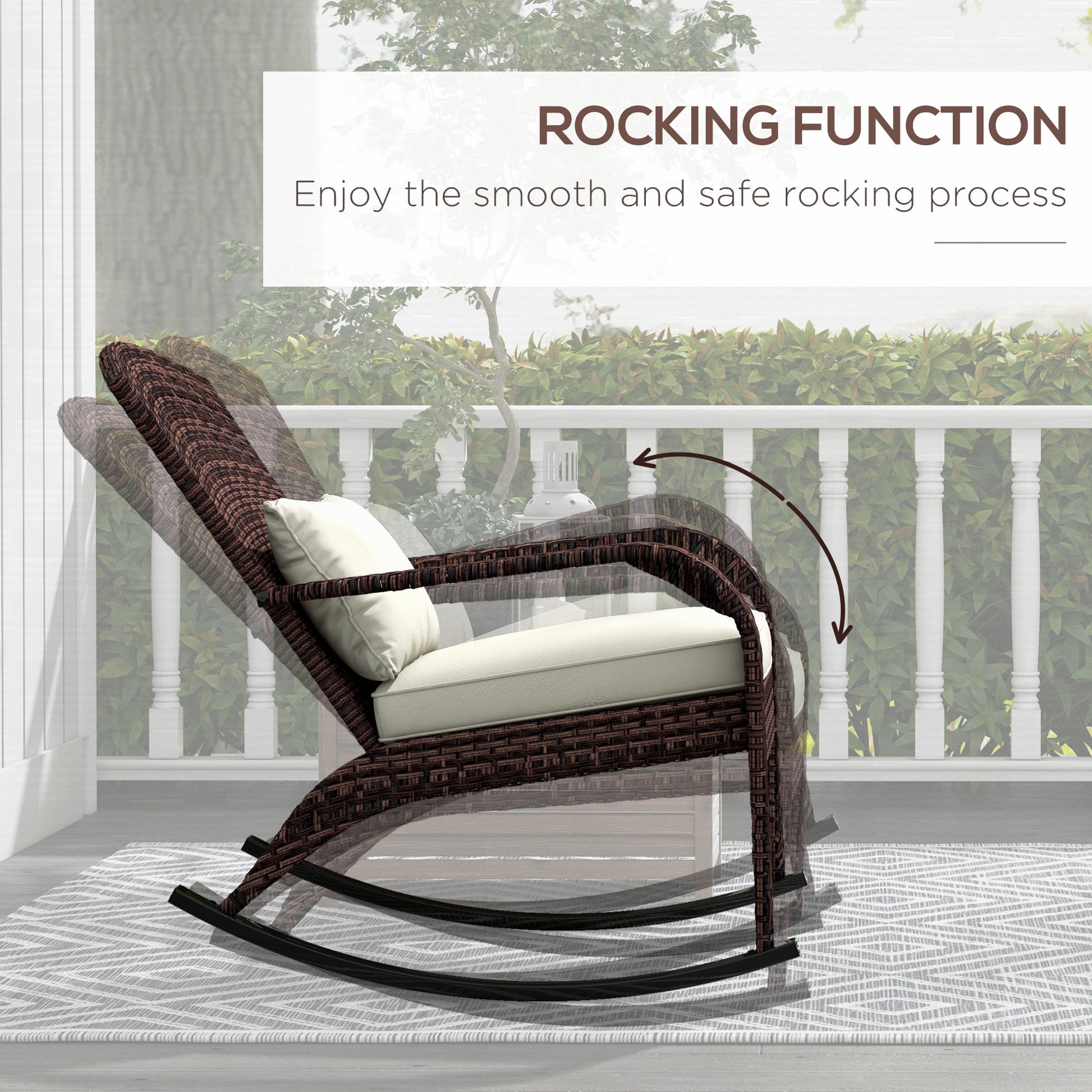 Outsunny Outdoor Wicker Adirondack Rocking Chair, Patio Rattan Rocker Chair With High Back, Seat Cushion, And Pillow For Garden, Porch, Balcony, Cream White White Rattan
