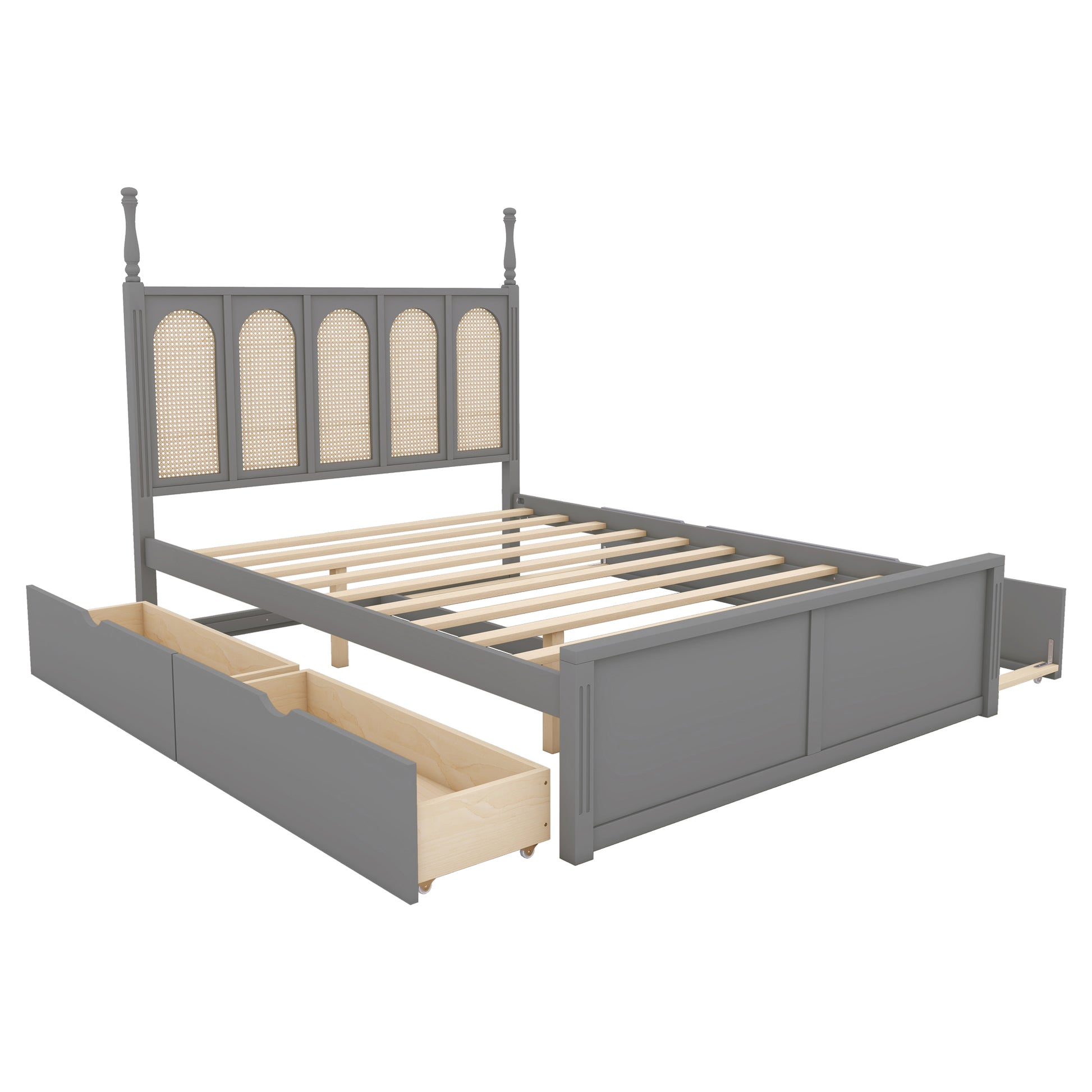 Queen Size Rattan Platform Bed With With 2 Big Drawers, T Size Trundle, Gray Queen Gray Plywood