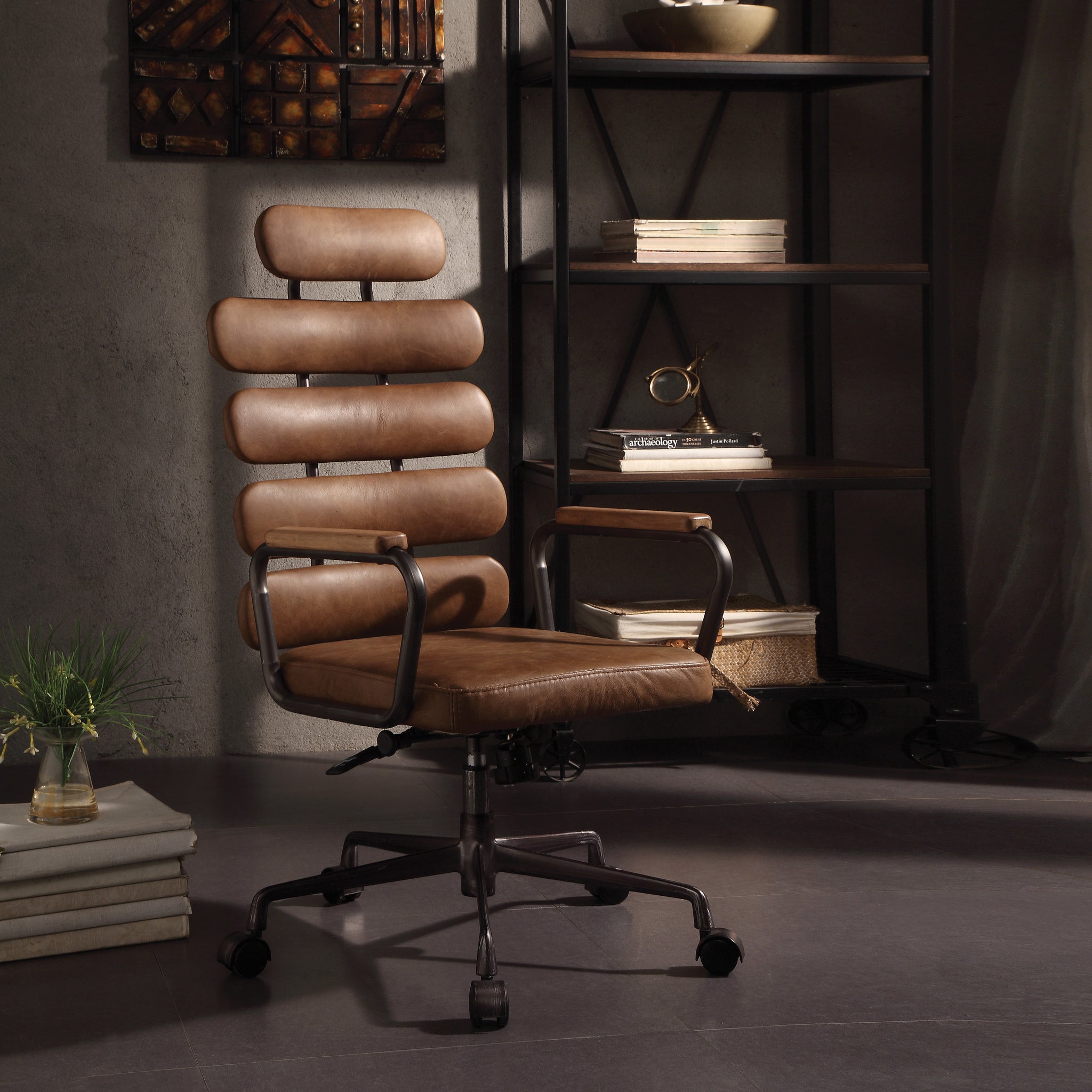 Retro Brown Swivel Office Chair With Pneumatic Lift Caster Wood Solid Brown Office Office Chairs Solid Back Swivel Genuine Leather