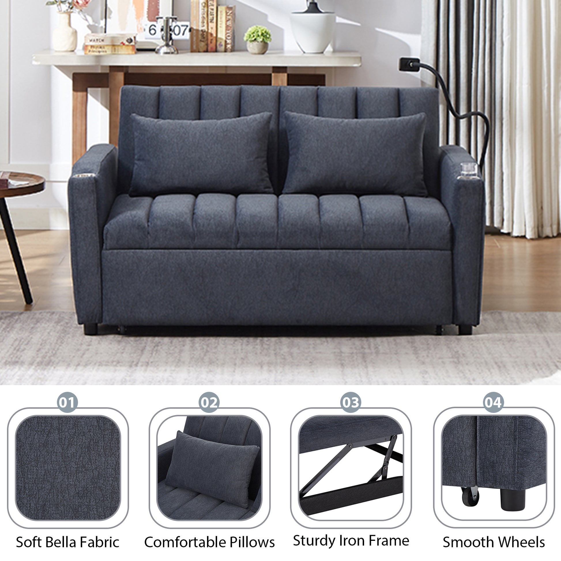 55.9" Convertible Sofa Bed Loveseat Sofa With Three Usb Ports, Two Side Pockets, Two Cup Holders And 360 Swivel Phone Holder For Living Room, Blue Grey Blue Gray Foam Polyester