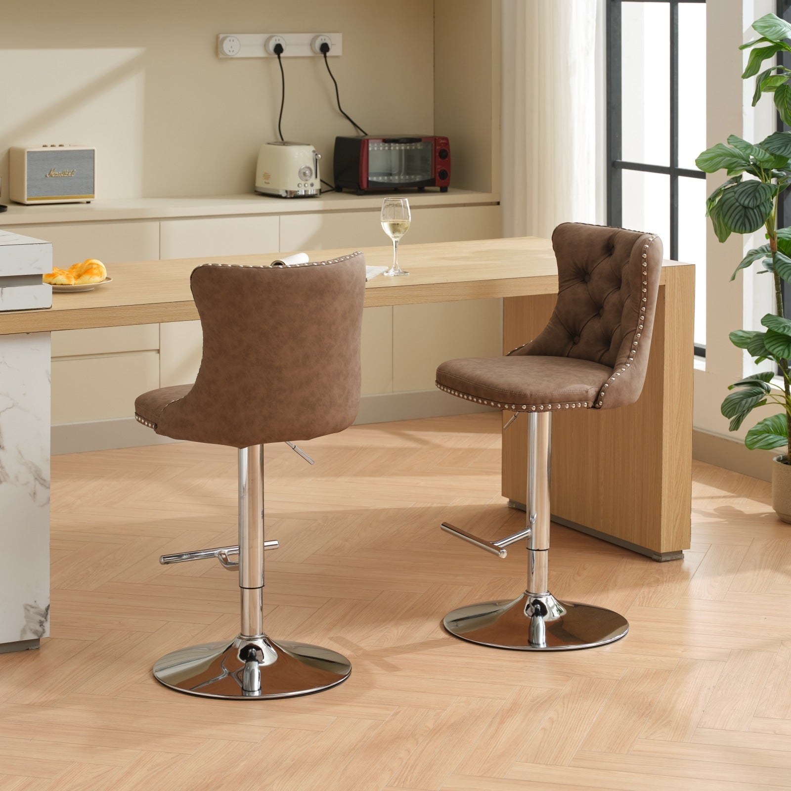 Swivel Pu Leather Barstools Adjusatble Seat Height From 25 33 Inch, Chrome Base Bar Stools With Backs Comfortable Tufted For Home Pub And Kitchen Island, Beige,Set Of 2,1512Br Brown Dining Room American Design Bar Stools Wing Back Set Of 2 Foam Pu