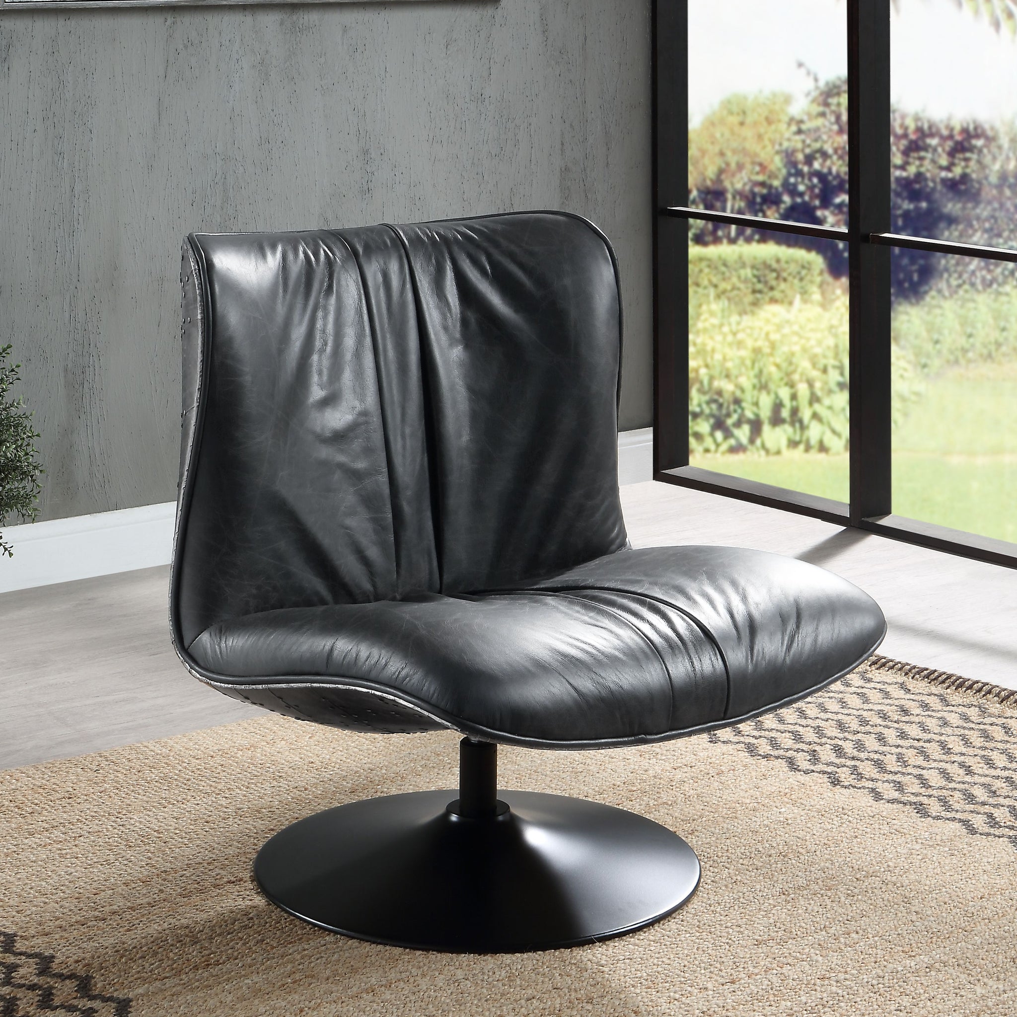 Piotr Accent Chair W Swivel, Black Top Grain Leather Ac02581 Black Wood