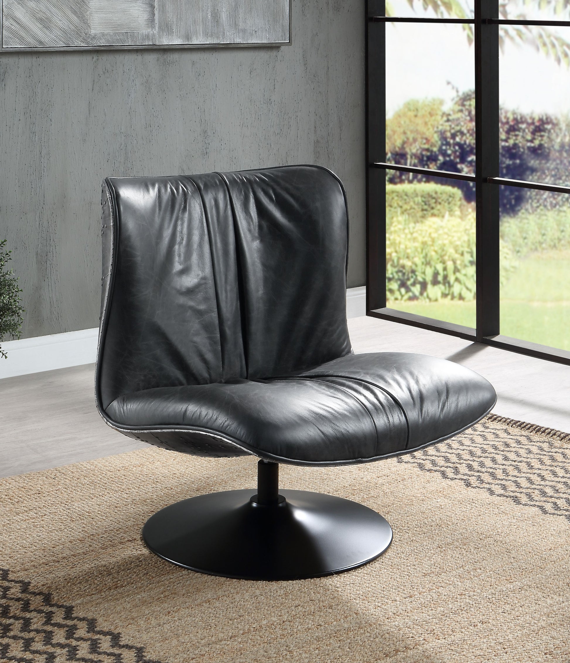 Piotr Accent Chair W Swivel, Black Top Grain Leather Ac02581 Black Wood