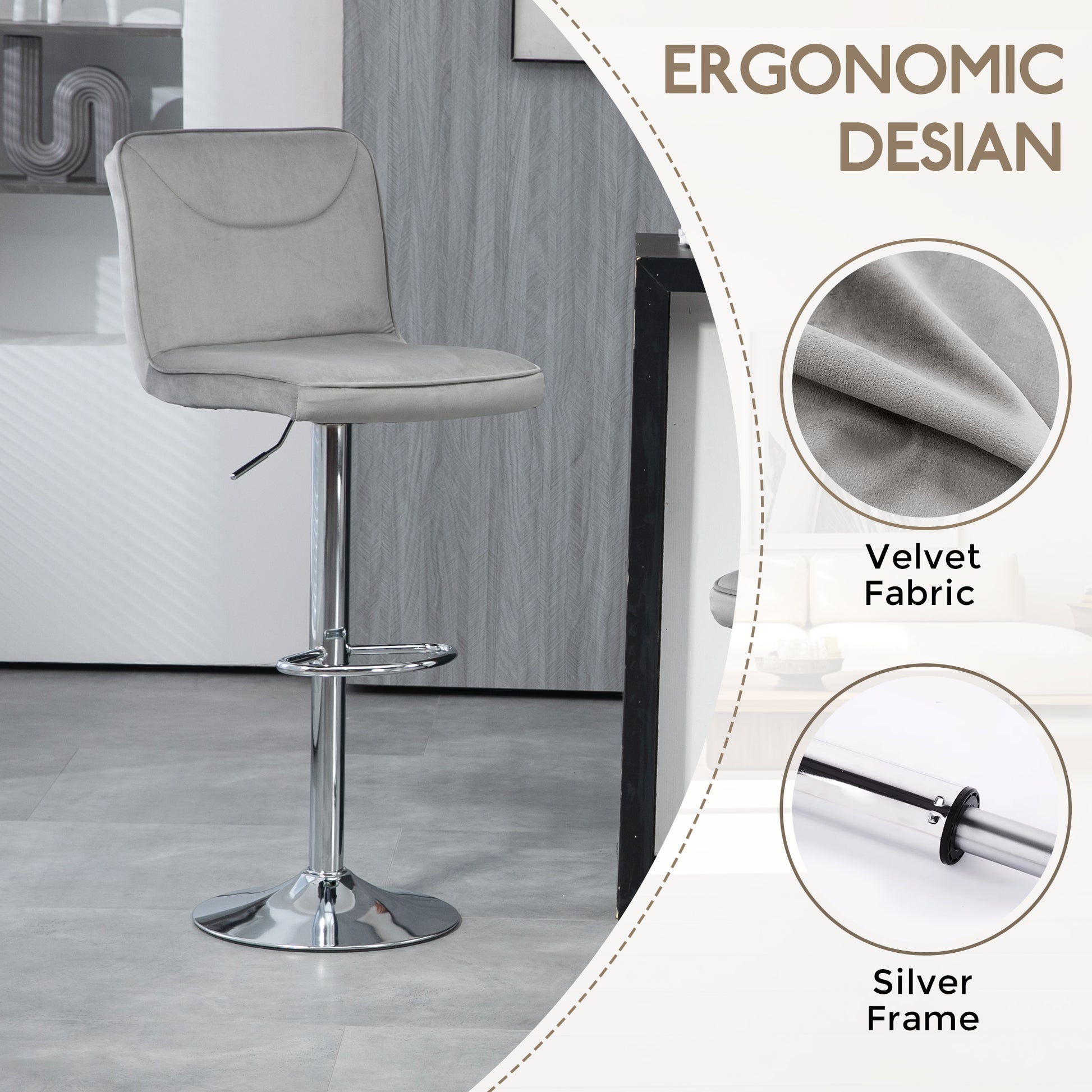 Coolmore Bar Stools With Back And Footrest Counter Height Dining Chairs 2Pc Set,360 Velvet Swivel Bar Stools Set Of 2, Adjustable Counter Height Bar Chairs Gray Velvet Gray Primary Living Space Foam Velvet