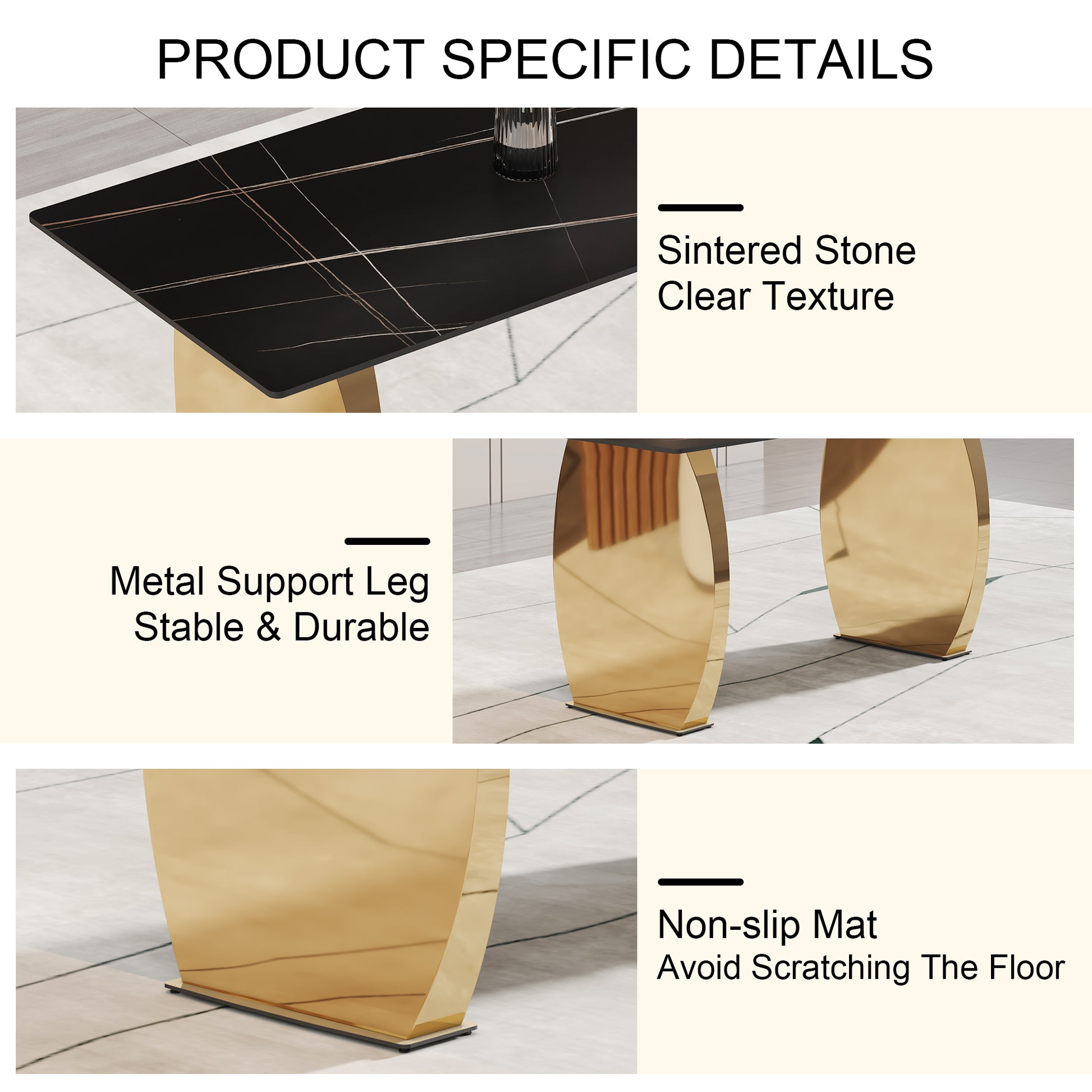 Table And Chair Set,Modern Rectangular Table With 0.4 Inch Black Patterned Tabletop And Gold Legs, Suitable For Kitchen, Dining Room, And Living Roomcomfortable Pu Seats,Perfect For Dinner, Meet White Black Seats 4 Sintered Stone