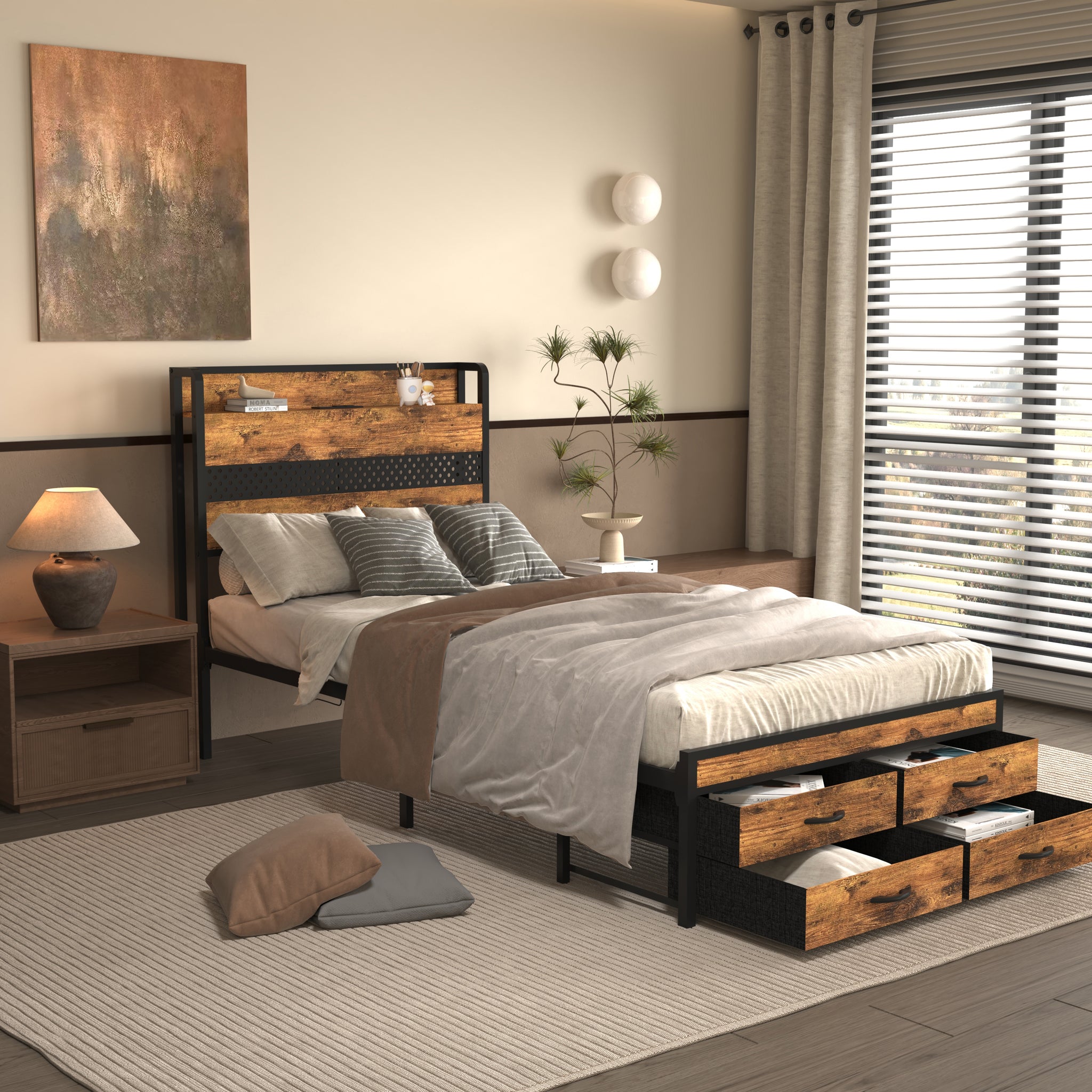 Twin Bed Frames With Headboard, Twin Size Bed Frames With Storage Drawers, Twin Bed, Black Metal Platform Bed Frame, Single Bed Frame, No Box Spring Needed Black Mdf Metal