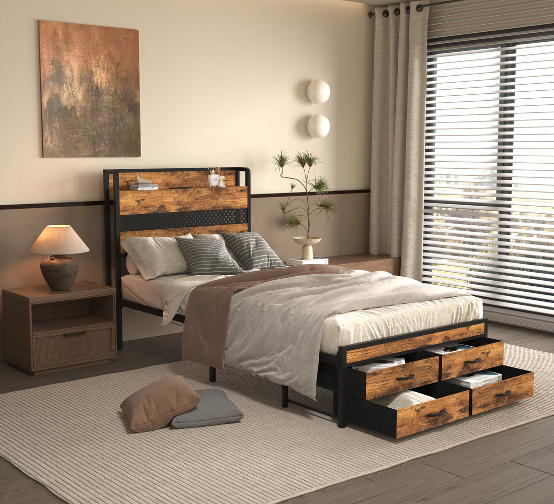 Twin Bed Frames With Headboard, Twin Size Bed Frames With Storage Drawers, Twin Bed, Black Metal Platform Bed Frame, Single Bed Frame, No Box Spring Needed Black Mdf Metal