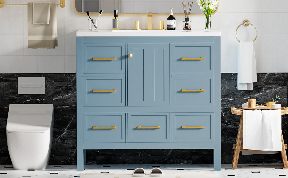 36'' Bathroom Vanity With Resin Sink Combo, Solid Wood Frame Bathroom Storage Cabinet, Freestanding Vanity Set With 5 Drawers& Soft Closing Doors Same As N710S136002M Blue Bathroom Solid Wood Mdf Resin