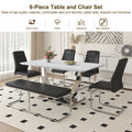 Table And Chair Set. Large Modern Rectangular Table With White Textured Top And Silver Metal Legs. Soft And Comfortable Pu Seats, Faux Leather Upholstered Seats And Sturdy Metal Legs. White Black Mdf Metal