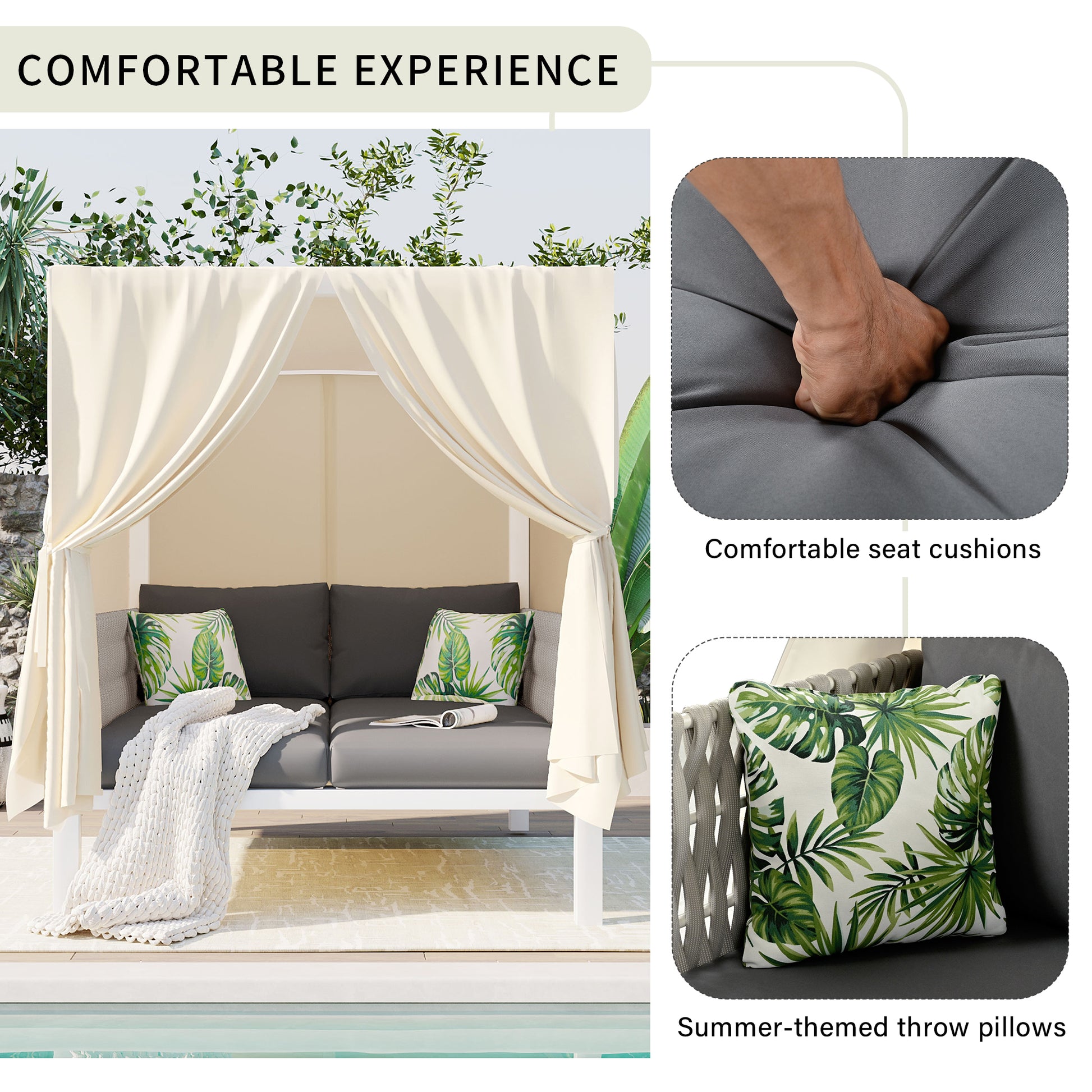 Outdoor Patio Sunbed With Curtains, High Comfort, Suitable For Multiple Scenarios Gray Beige Woven Rope