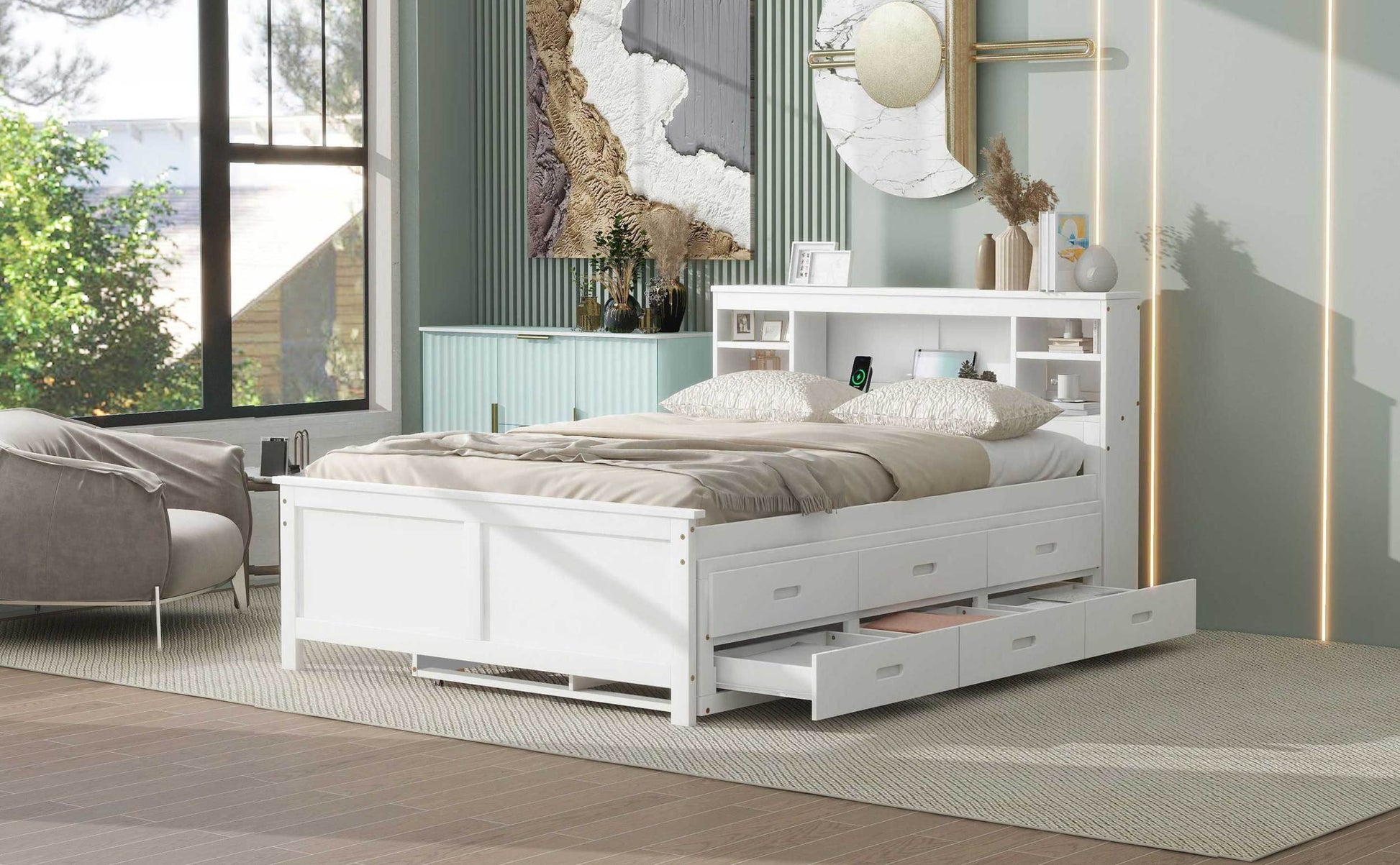 Full Size Platform Bed With Storage Headboard, Usb, Twin Size Trundle And 3 Drawers, White Box Spring Not Required Full White Wood Bedroom Bed Frame Solid Wood Mdf