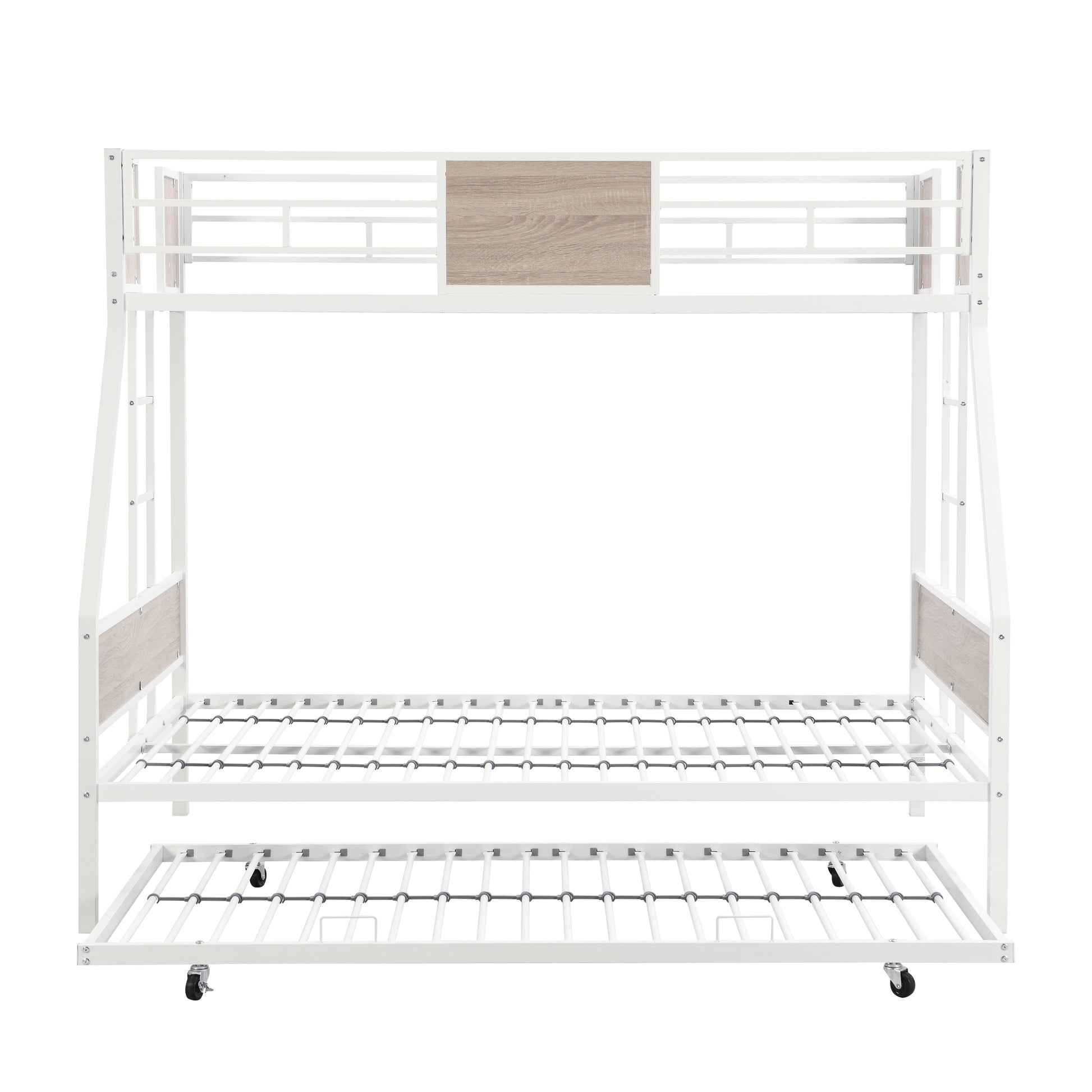 Twin Over Full Metal Bunk Bed With Trundle 2 Side Ladder And Full Length Guardrail, No Box Spring Needed, Large Under Bed Storage, Easy Assemble Full Brown White Mdf Metal