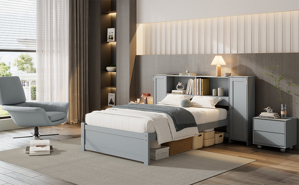 Twin Size Platform Bed With Storage Headboard And Lockers, Gray Twin Box Spring Not Required Gray Wood Bedroom Solid Wood Mdf