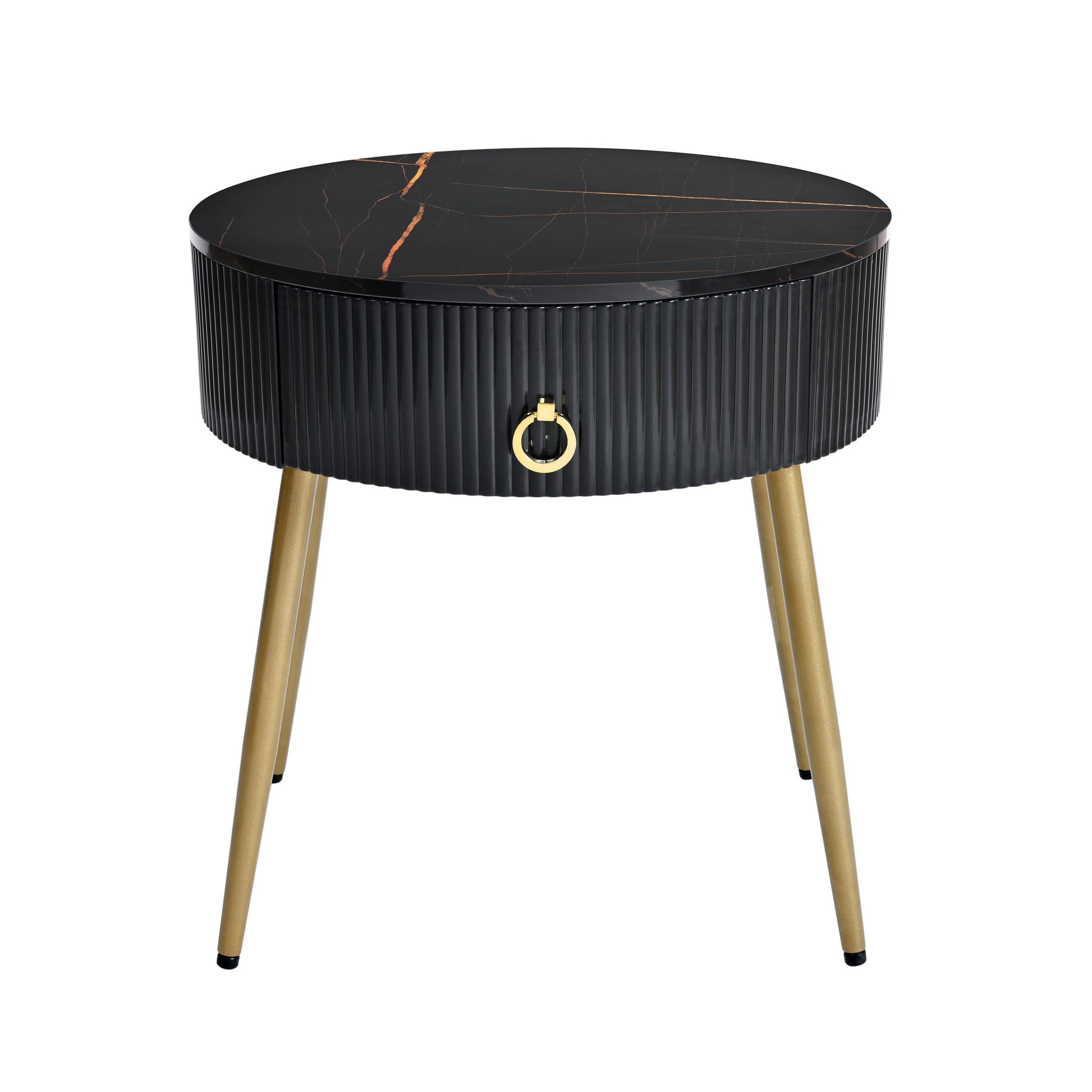 19.6'' Easy Assembly End Tables With High Gloss Faux Marble Tabletops, Set Of 2, Modern Fluted 2 Side Tables With Drawers, Round Coffee Tables With Golden Legs For Living Room, Black Black Gold Primary Living Space Drawers Round Mdf Iron