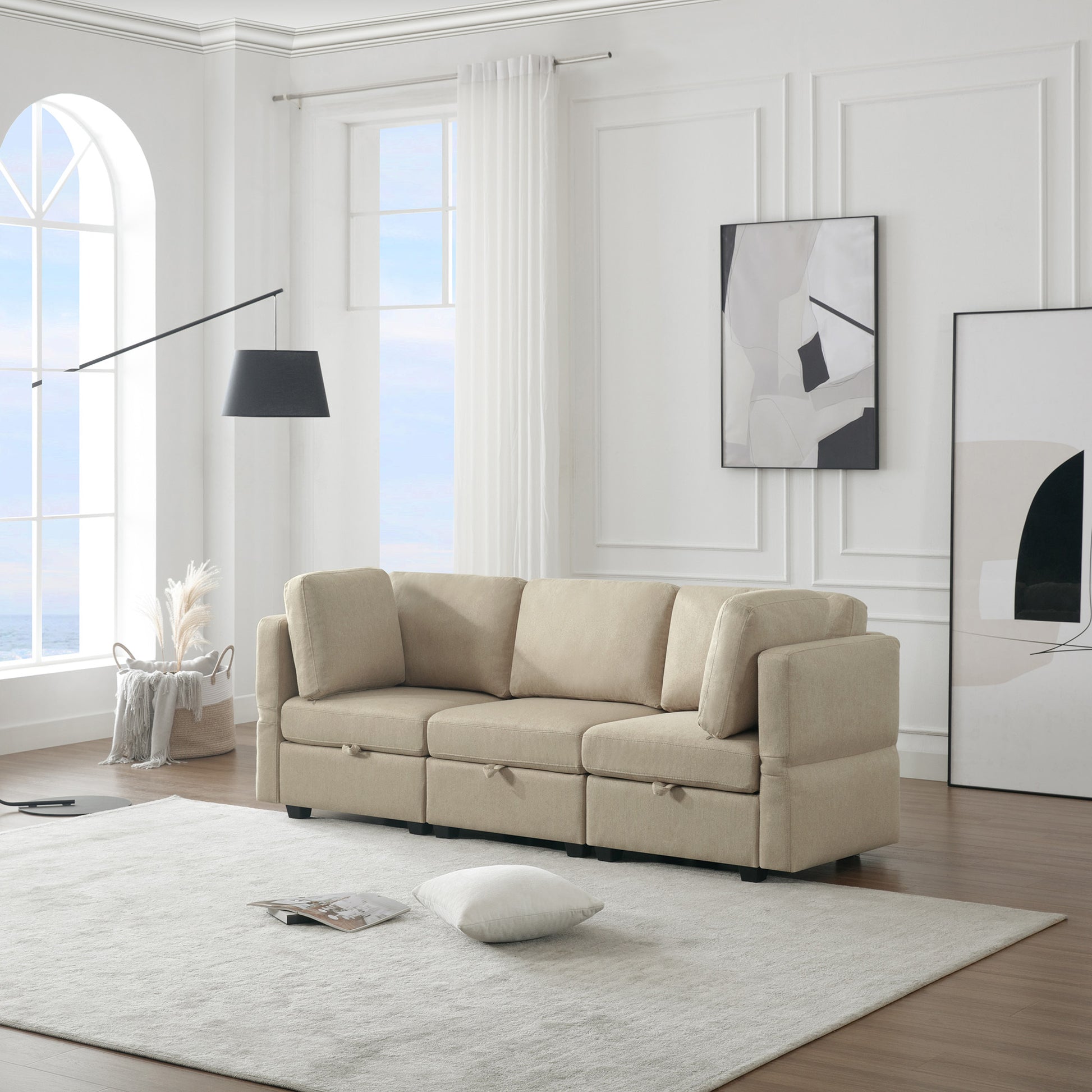 Oversized Modular Sectional Convertible Fabric Sofa Set,Extra Large Sectional Storage Seat Couch For Living Room, 3 Seat Modern Modular Sofa Beige Beige Polyester 3 Seat