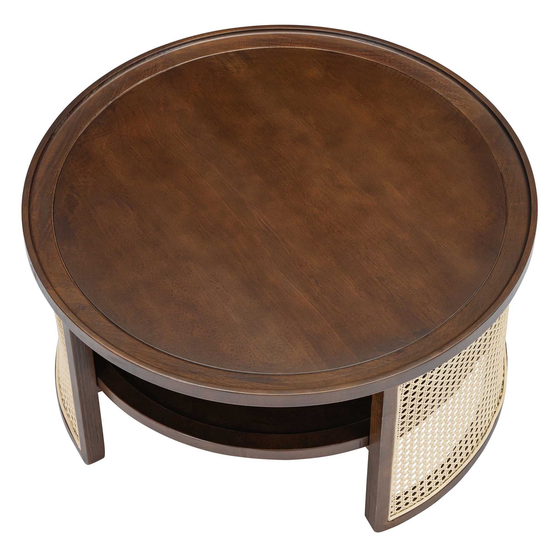 2 Tiered Round Walnut Wood Coffee Table With Storage Rattan Base In 31.3'' Walnut Rubber Wood