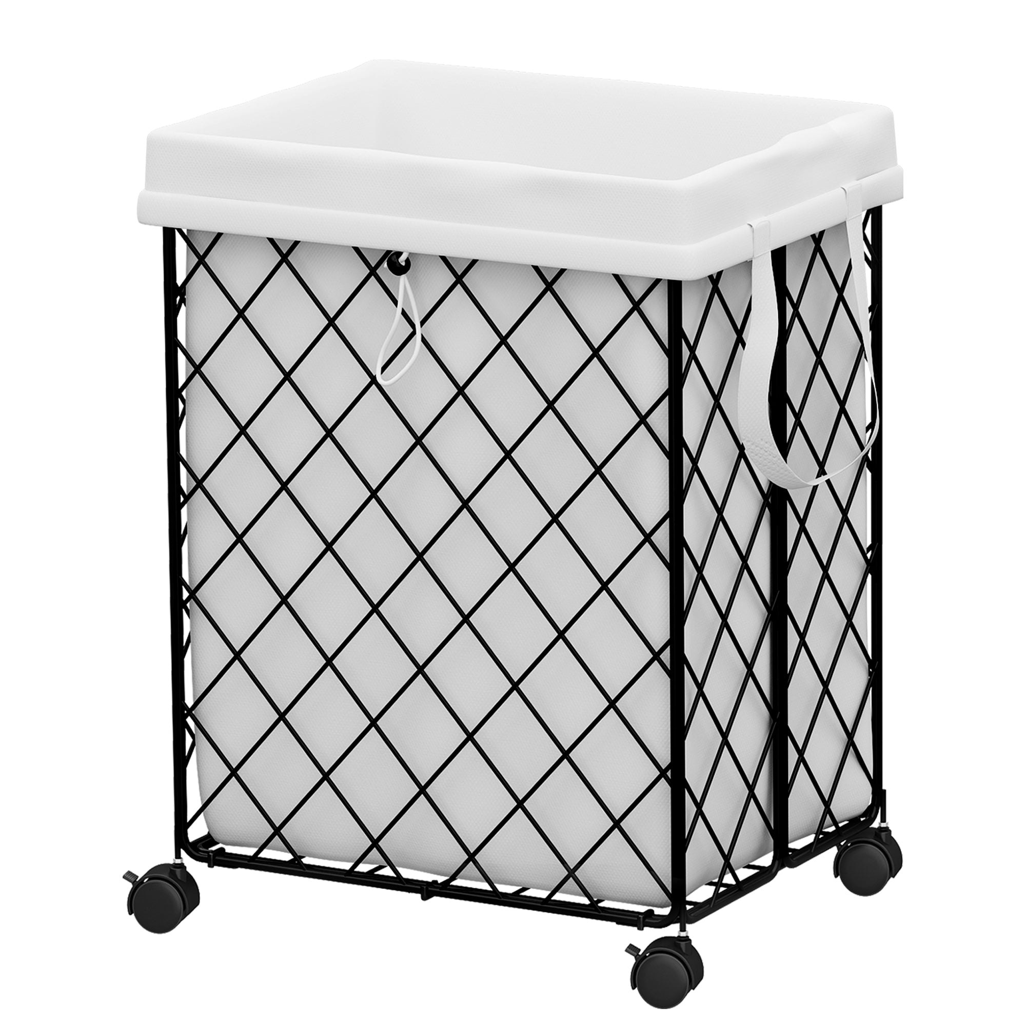 Laundry Basket With Wheels, Rolling Laundry Hamper, Detachable And Washable Lining, Metal Frame, Suitable For Bedrooms, Bathrooms, Laundry Rooms, White White Black 1 Foldable Freestanding Boho