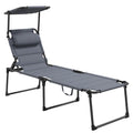 Outsunny Outdoor Lounge Chair, Adjustable Backrest Folding Chaise Lounge, Cushioned Tanning Chair W Sunshade Roof & Pillow Headrest For Beach, Camping, Hiking, Gray Grey Steel