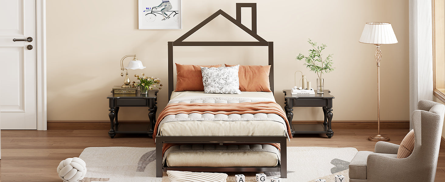 Twin Size Metal Platform Bed With Twin Size Trundle,House Shaped Headboard Design, Black Twin Black Metal
