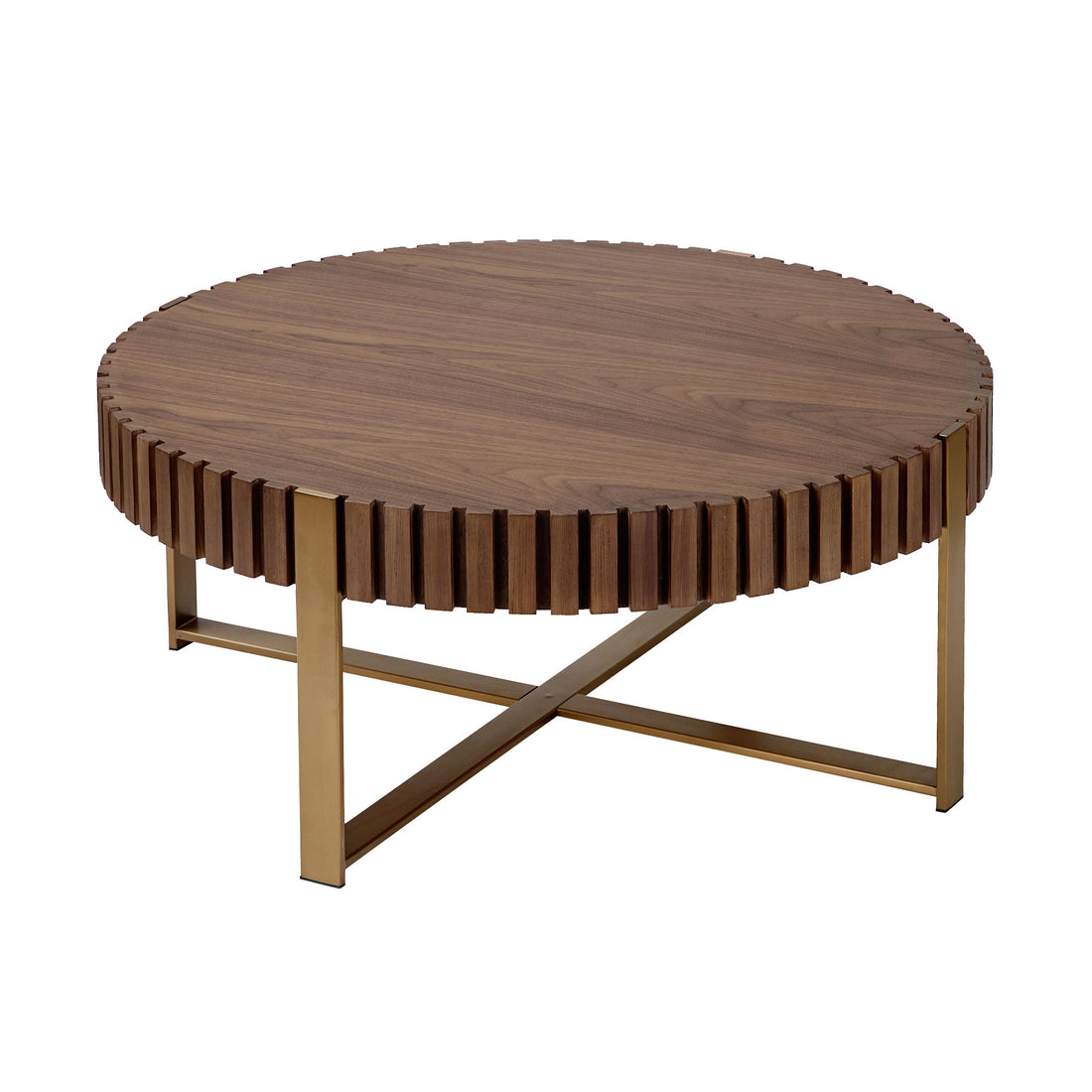 Modern Handcraft Drum Coffee Table 31.5 Inch Round Coffee Table For Living Room,Small Coffee Table With Sturdy Pedestal,Walnut Walnut Mdf Metal
