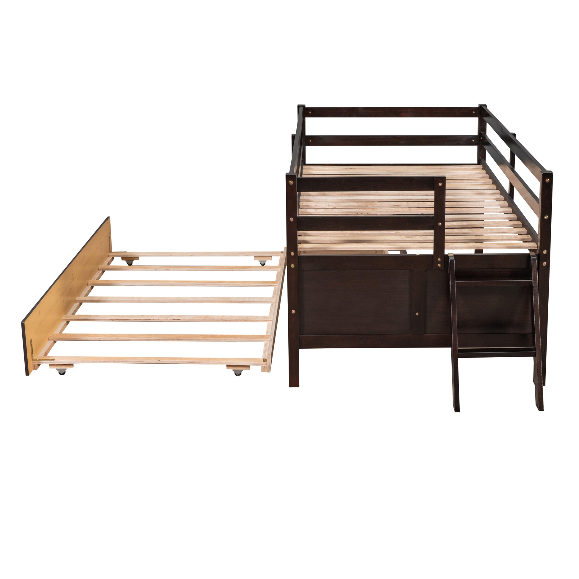 Low Loft Bed Twin Size With Full Safety Fence, Climbing Ladder, Storage Drawers And Trundle Espresso Solid Wood Bed Espresso Solid Wood