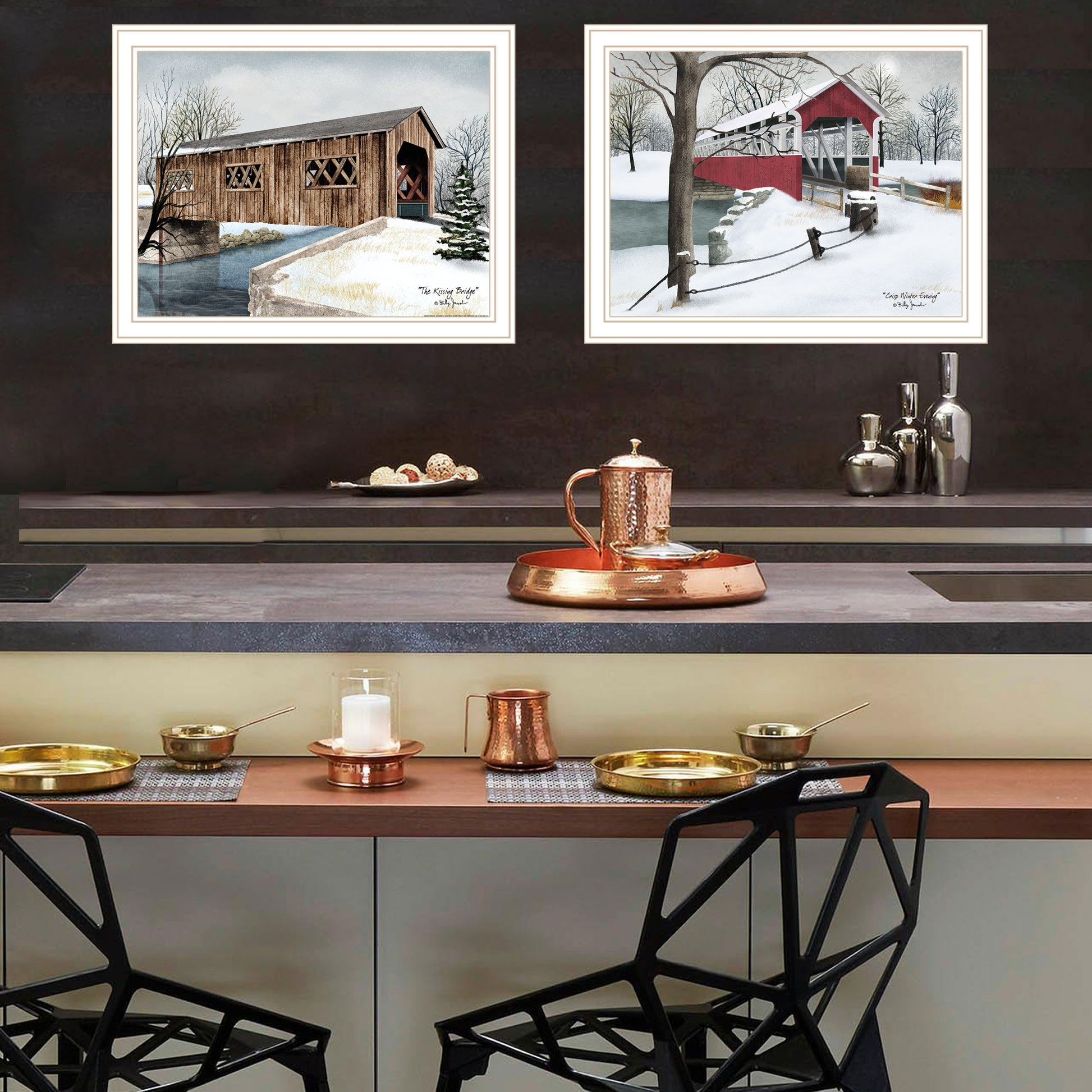 2 Piece Vignette Winter Covered Bridges White Framed Wall Art For Living Room, Bedroom Wall Art Print For Home Decor By Billy Jacobs Multicolor Wood Paper
