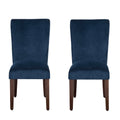 Velvet Upholstered Parsons Dining Chair With Wooden Legs, Navy Blue And Brown, Set Of Two Blue Brown Wood Fabric