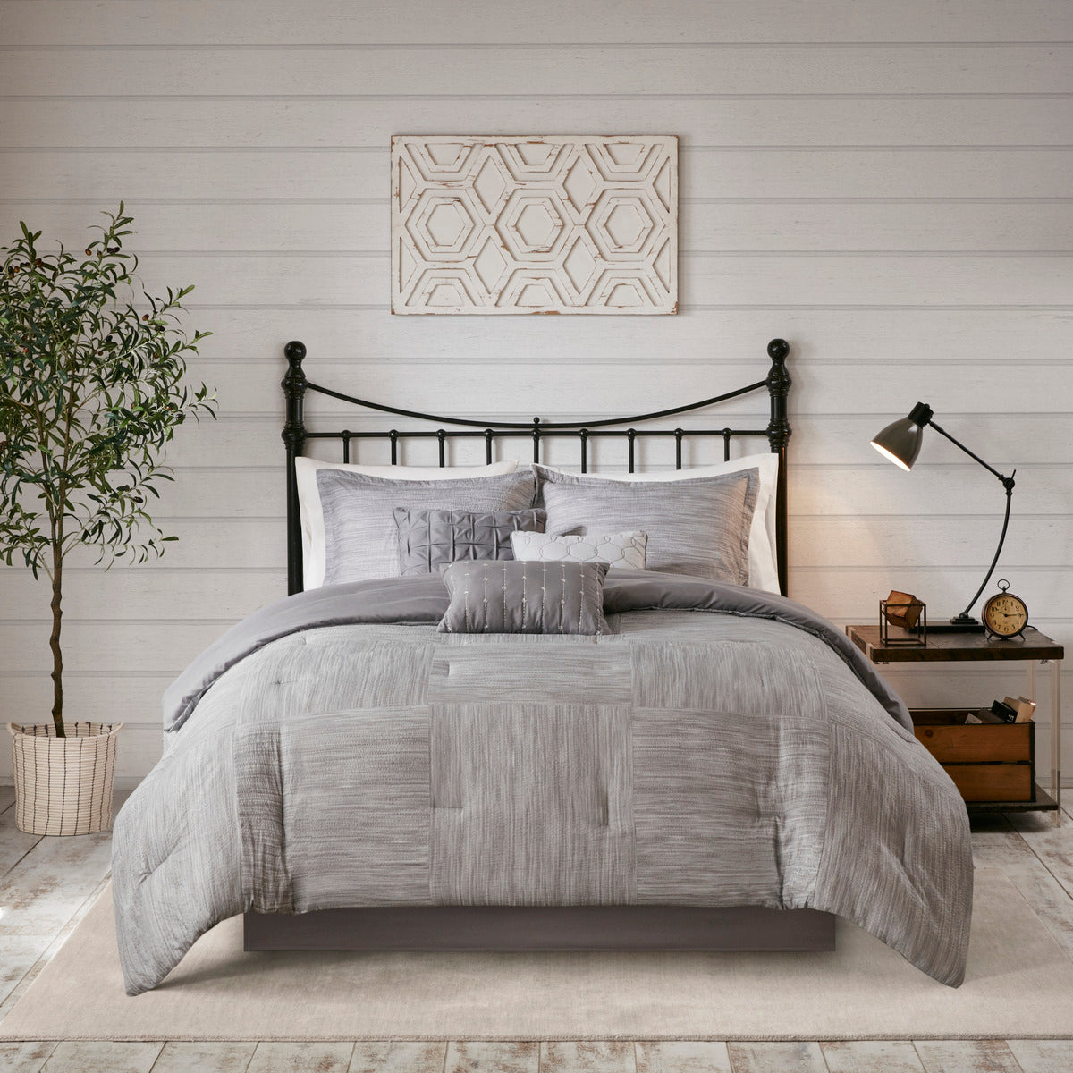 7 Piece Printed Seersucker Comforter Set Grey Cal King California King Grey Polyester