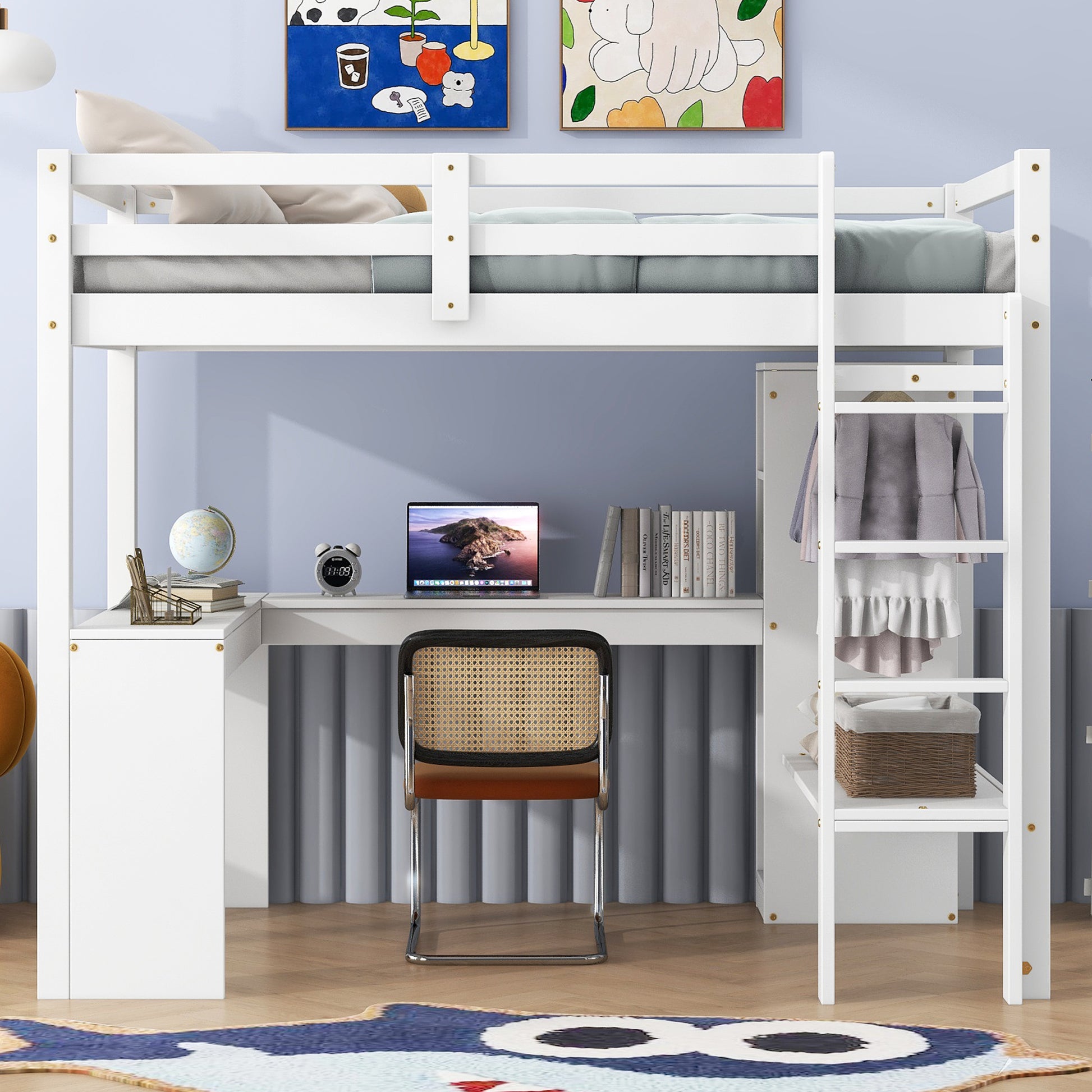 Twin Size Loft Bed With L Shaped Desk, Wardrobe And Storage Shelves, White Expected Arrival Time: 8.31 Box Spring Not Required Twin White Wood Bedroom Solid Wood Mdf