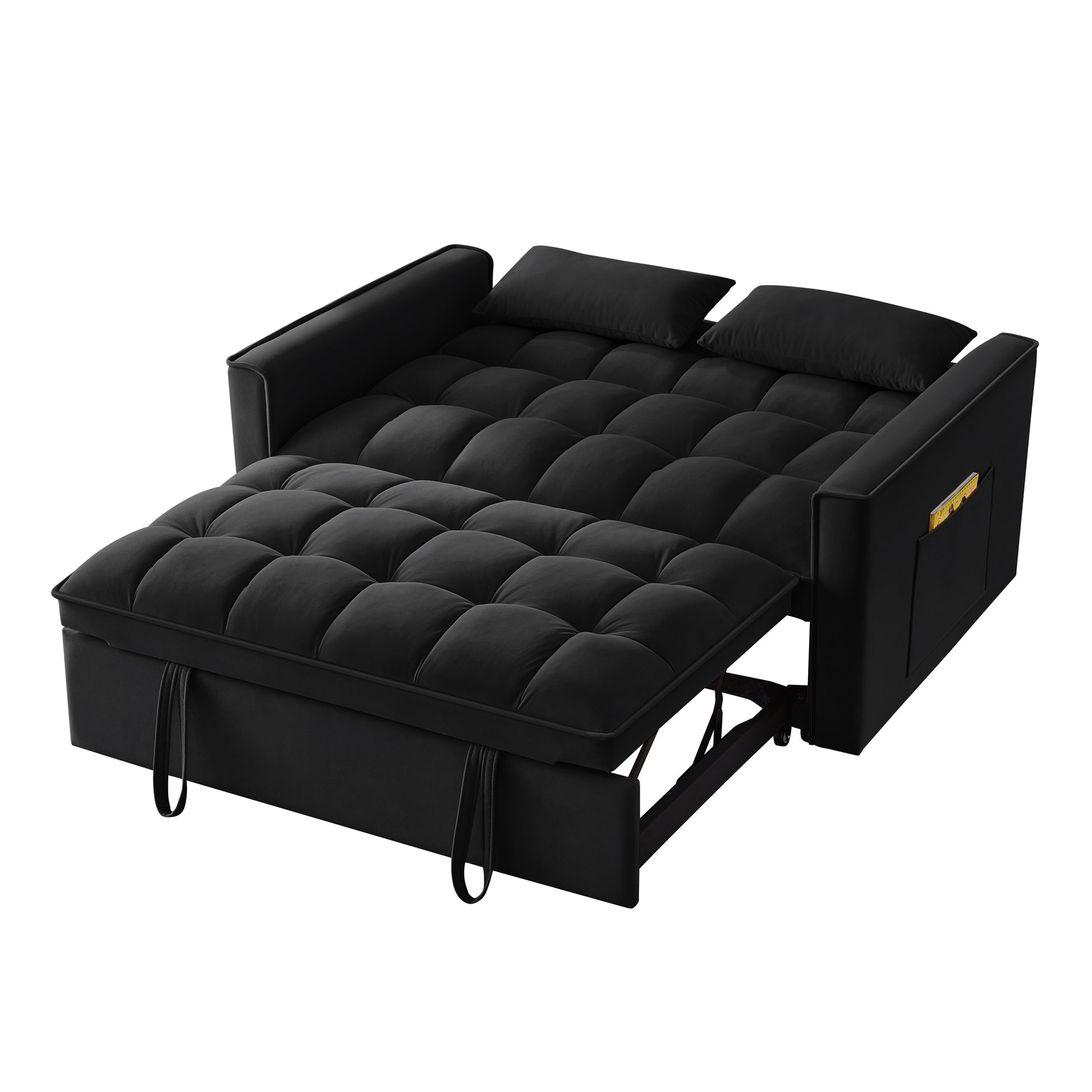 4 In1 Loveseat Sofa Bed With Armrests & Storage Pockets, Multi Function Tufted Pull Out Sofa Bed With Adjustable Backrest And Pillows, Convertible Loveseat Sofa Couch,Black Black Velvet Primary Living Space Medium Soft Tufted Back American