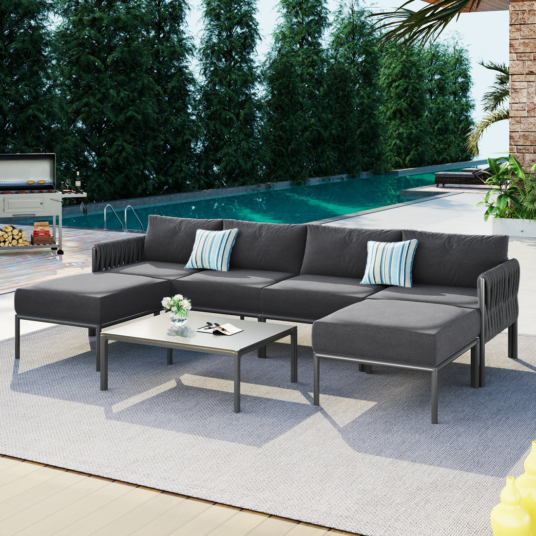 6 Pieces Aluminum Patio Furniture Set, Modern Metal Outdoor Conversation Set Sectional Sofa With Removable Olefin Extra Thick Cushions 5.9" Cushion, Grey Yes Complete Patio Set Gray Seats 6 Weather Resistant Frame Garden & Outdoor
