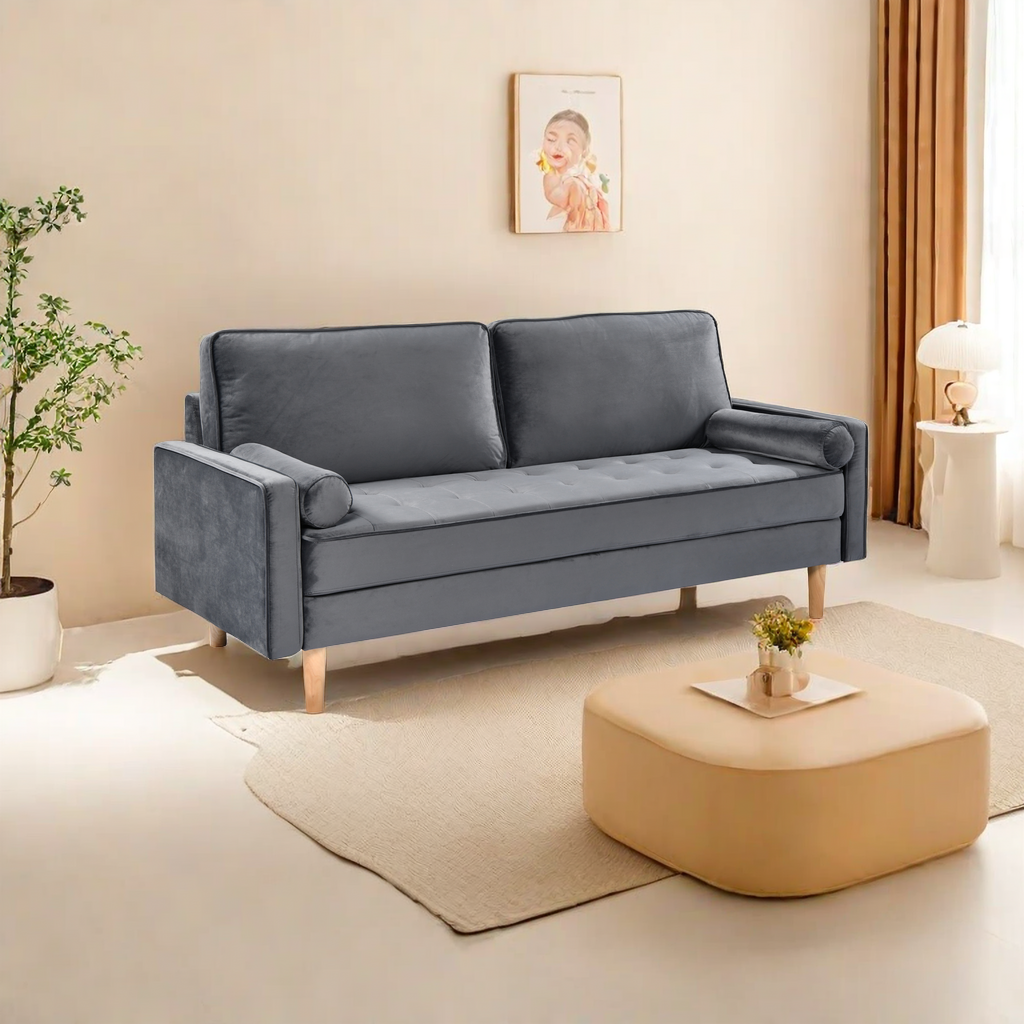 Sofa Simple Small House Double Three Person Straight Row American Retro Green Velvet Furniture Fabric Sofa Small Living Room Bedroom Office Grey Solid Wood 3 Seat
