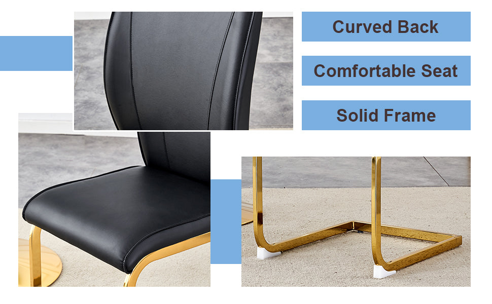 Luxury Simple Arch Chair Set Of 2 Black Pu Material High Resilience Dining Chair With Arched Metal Gold Leg. Black Gold Set Of 2 Metal,Pu