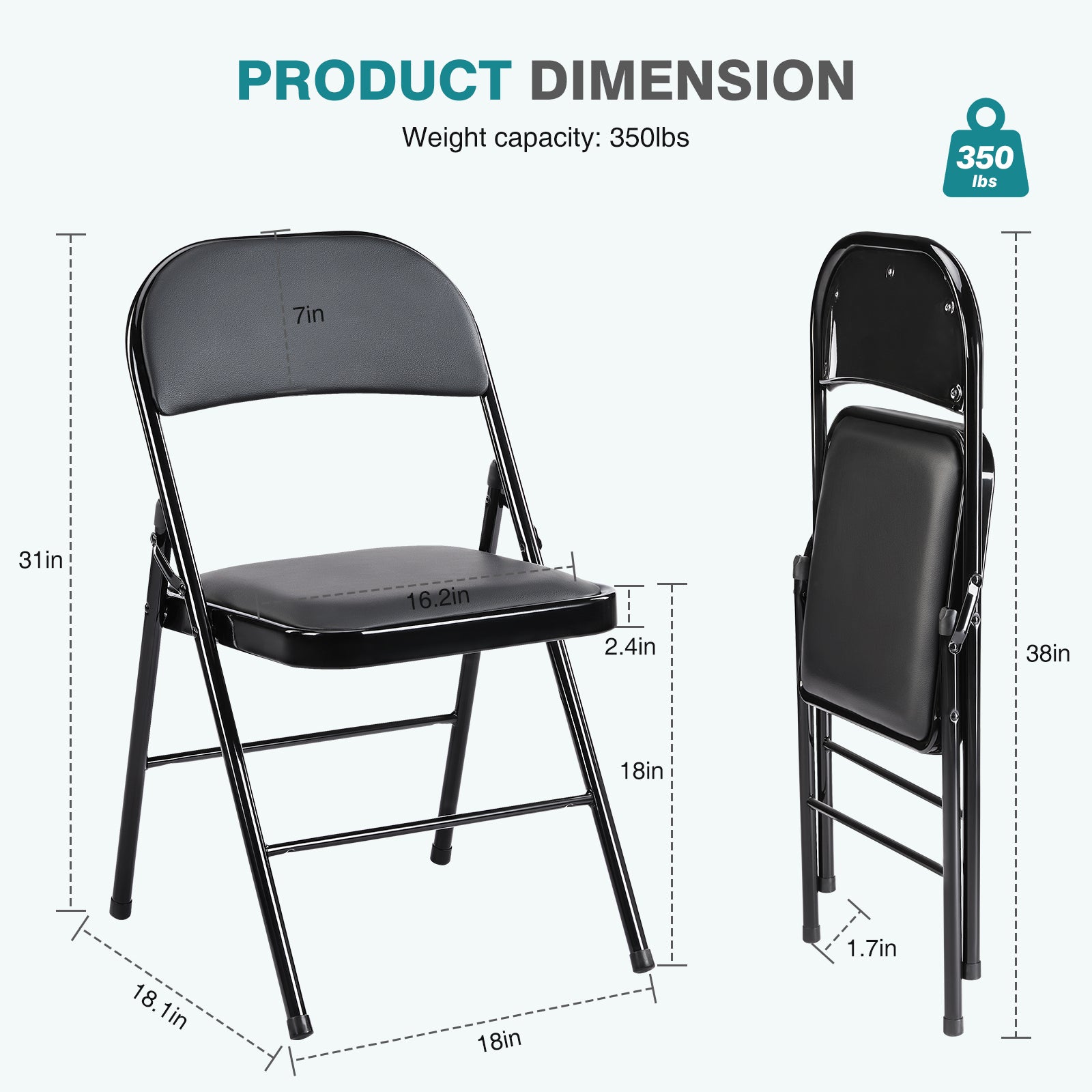 Folding Chair 2 Pack, Leather Padded Folding Chairs, Sturdy Metal Foldable Chairs, For Home, Office, Party, Black 4 Pack Black Stainless Steel