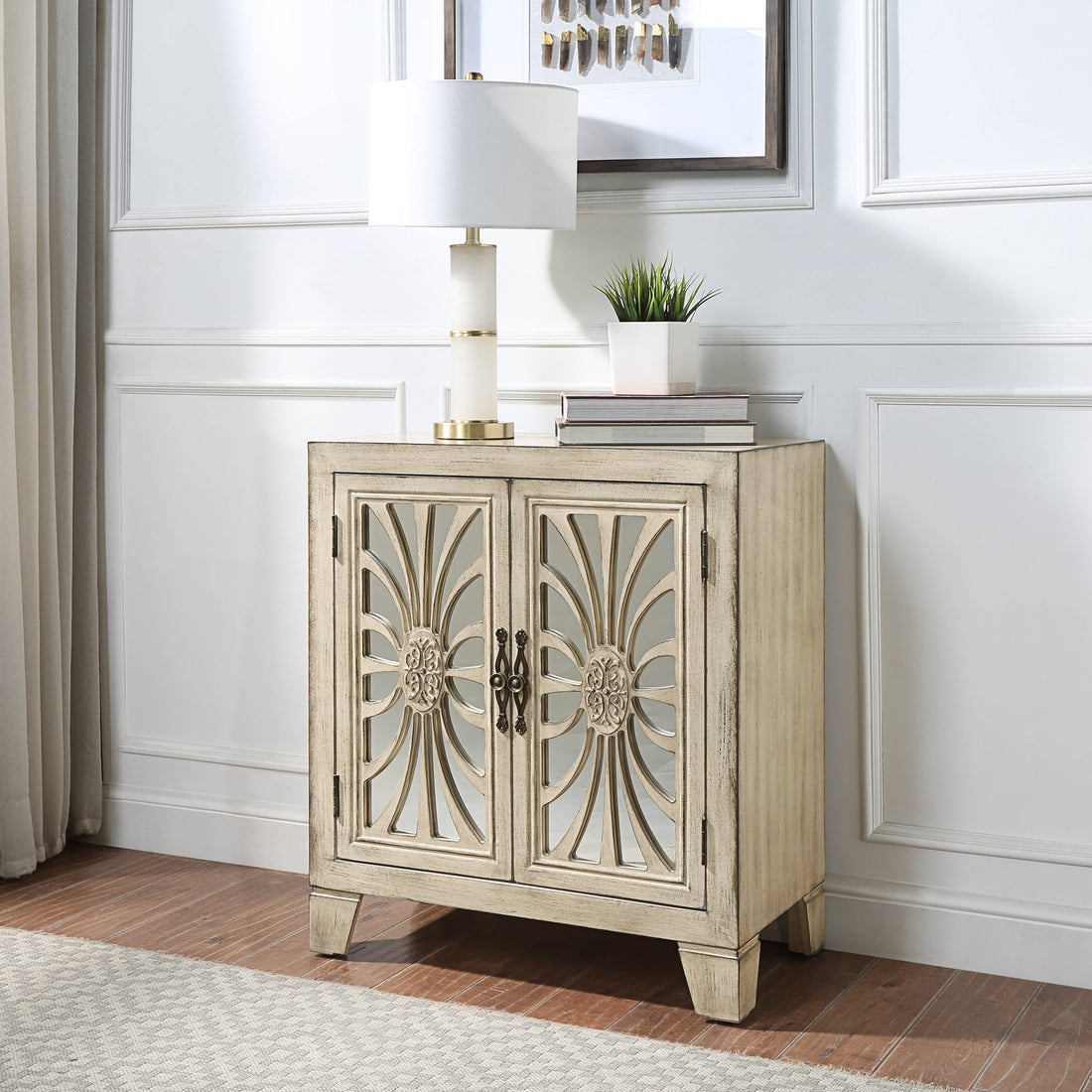 Antique White Console Table With Mirrored Doors Antique White Primary Living Space Rubberwood Rectangular Wood Glass