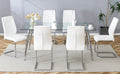 Table And Chair Set.Modern Rectangular Glass Dining Table With A Tempered Glass Tabletop And Silver Metal Legs, Paired With Multiple Chairs Designed With Pu Cushions And Silver Metal Legs. Silver White Seats 6 Tempered Glass