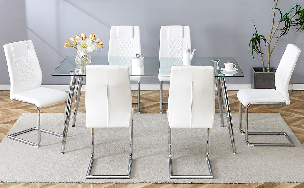 Table And Chair Set.Modern Rectangular Glass Dining Table With A Tempered Glass Tabletop And Silver Metal Legs, Paired With Multiple Chairs Designed With Pu Cushions And Silver Metal Legs. Silver White Seats 6 Tempered Glass