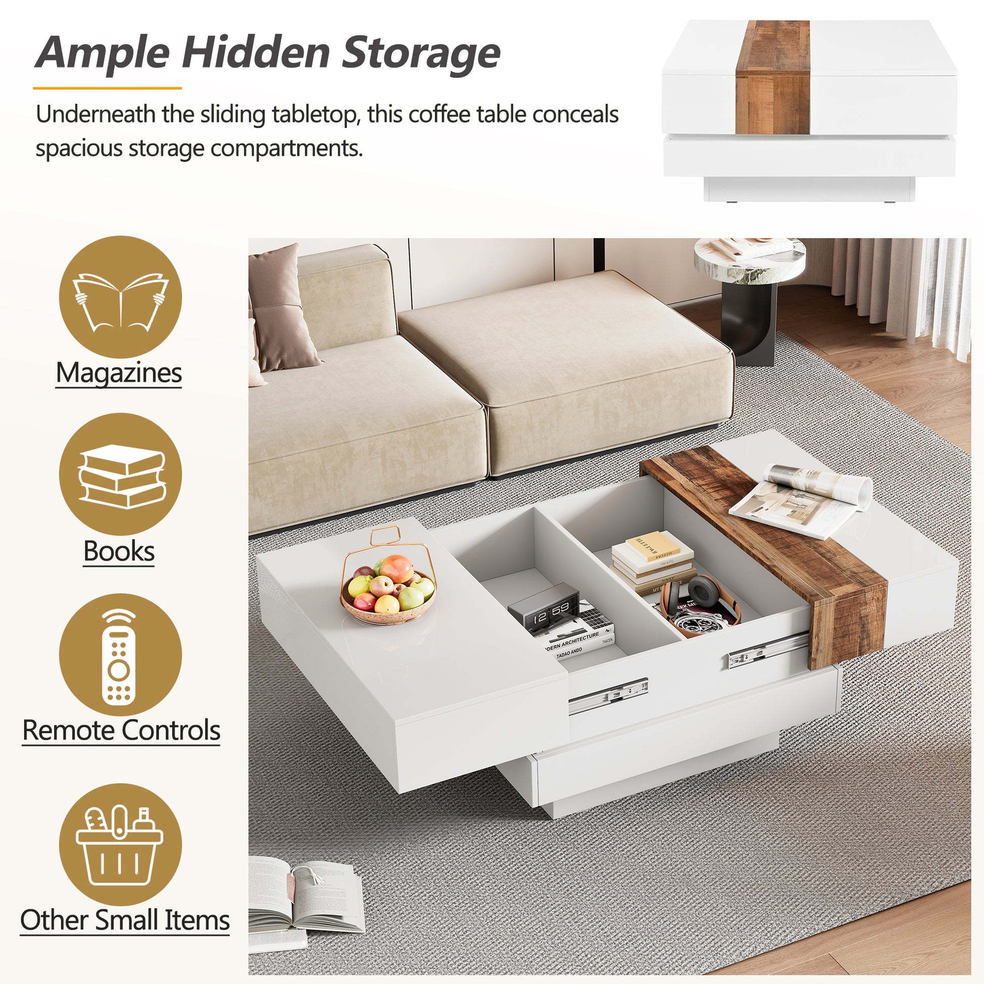 31.4'' X 31.4'' Square Coffee Table With Sliding Tabletop, High Gloss Center Table With Hidden Storage Compartment, Extendable Cocktail Table With Walnut Grain Finish For Living Room, White White Square Mdf