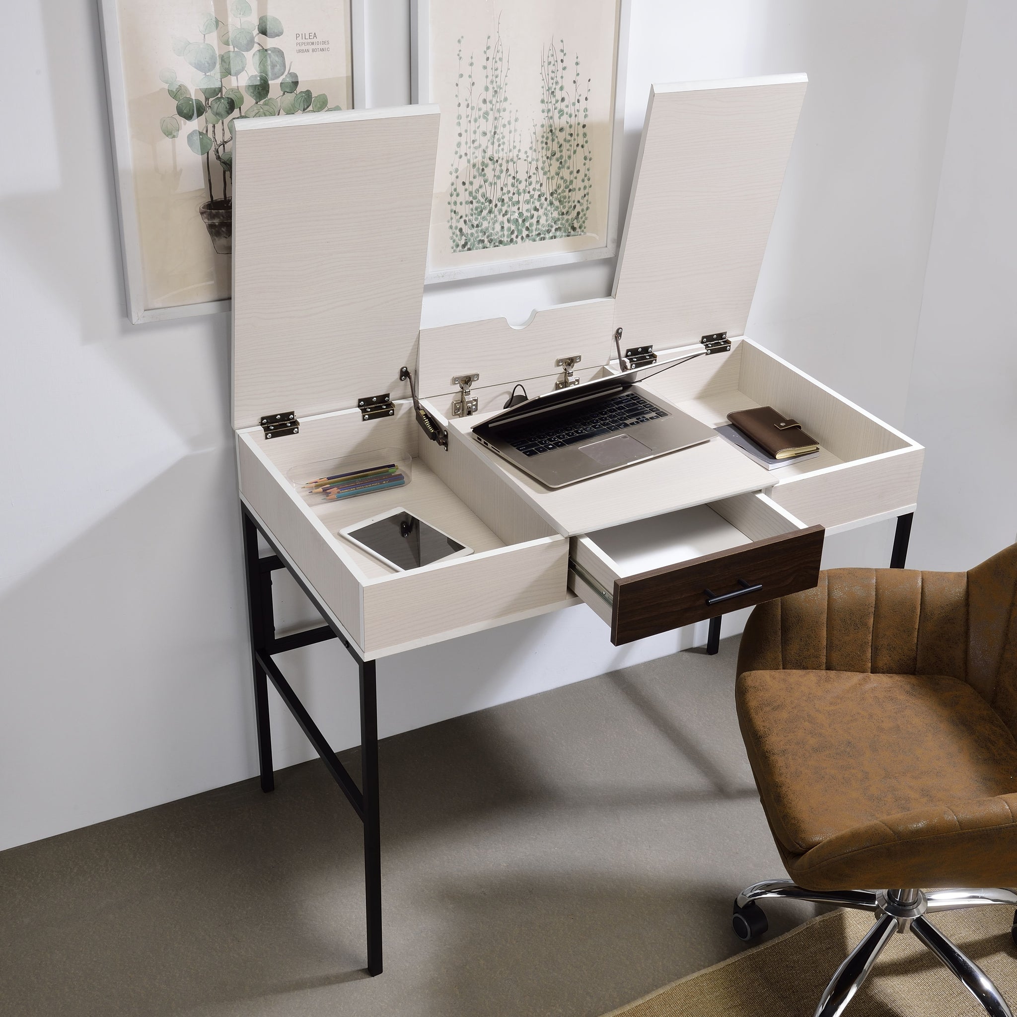 Verster Natural & Black Finish Writing Desk W Usb Black,Natural Metal,Synthetic Wood