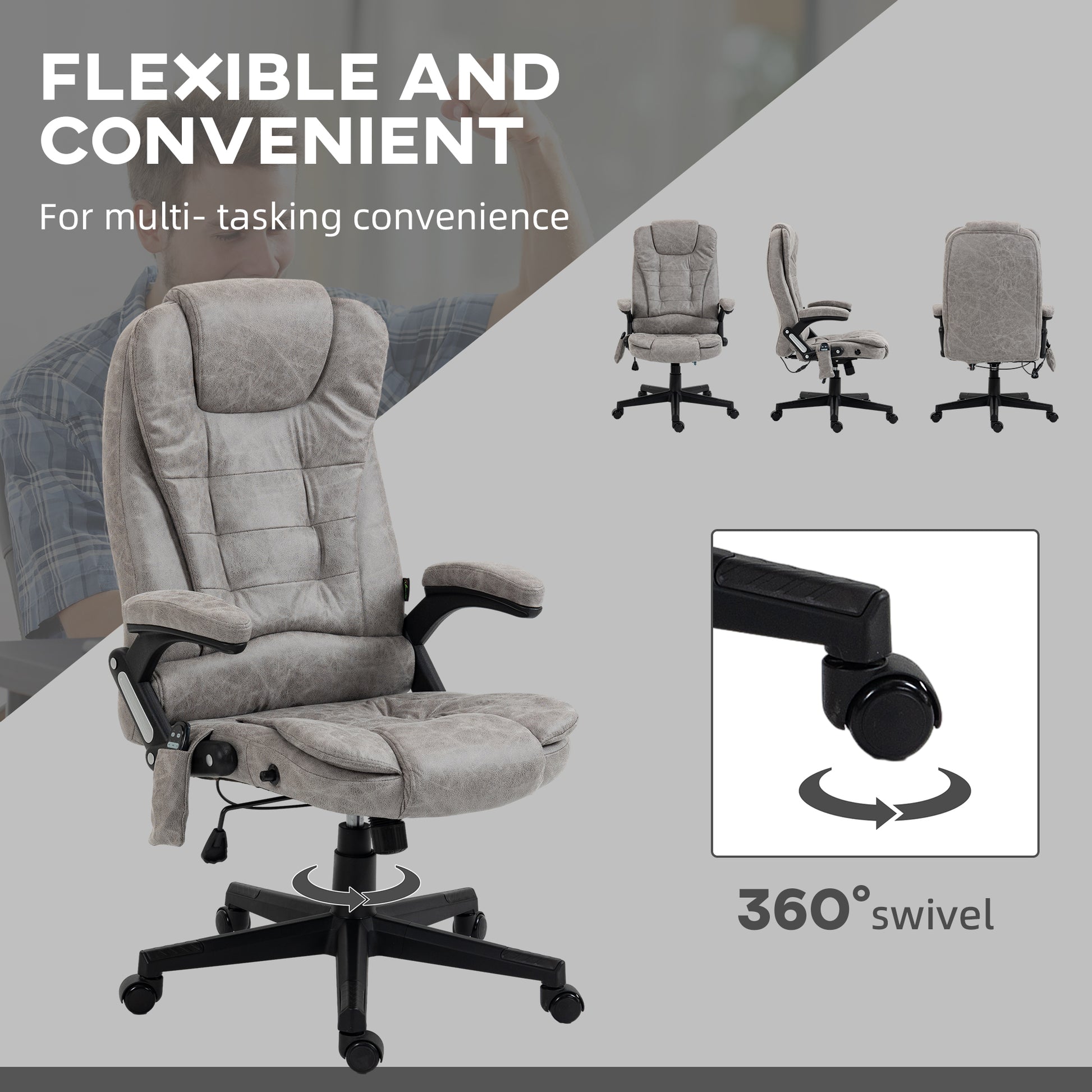 Homcom 6 Point Vibrating Massage Office Chair With Heat, Microfiber High Back Executive Office Chair With Reclining Backrest, Padded Armrests And Remote, Gray Grey Polyester