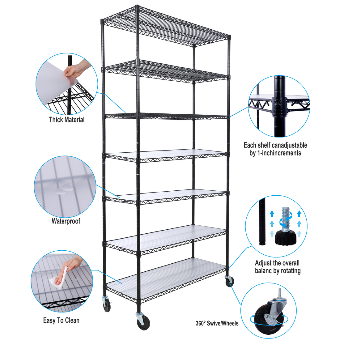 7 Tier Metal Shelf Wire Shelving Unit, 2450Lbs Heavy Duty Adjustable Storage Rack With Wheels & Shelf Liners For Closet Kitchen Garage Basement Commercial Shelving 81.5" H X 48" L X 18" D Black Black Metal