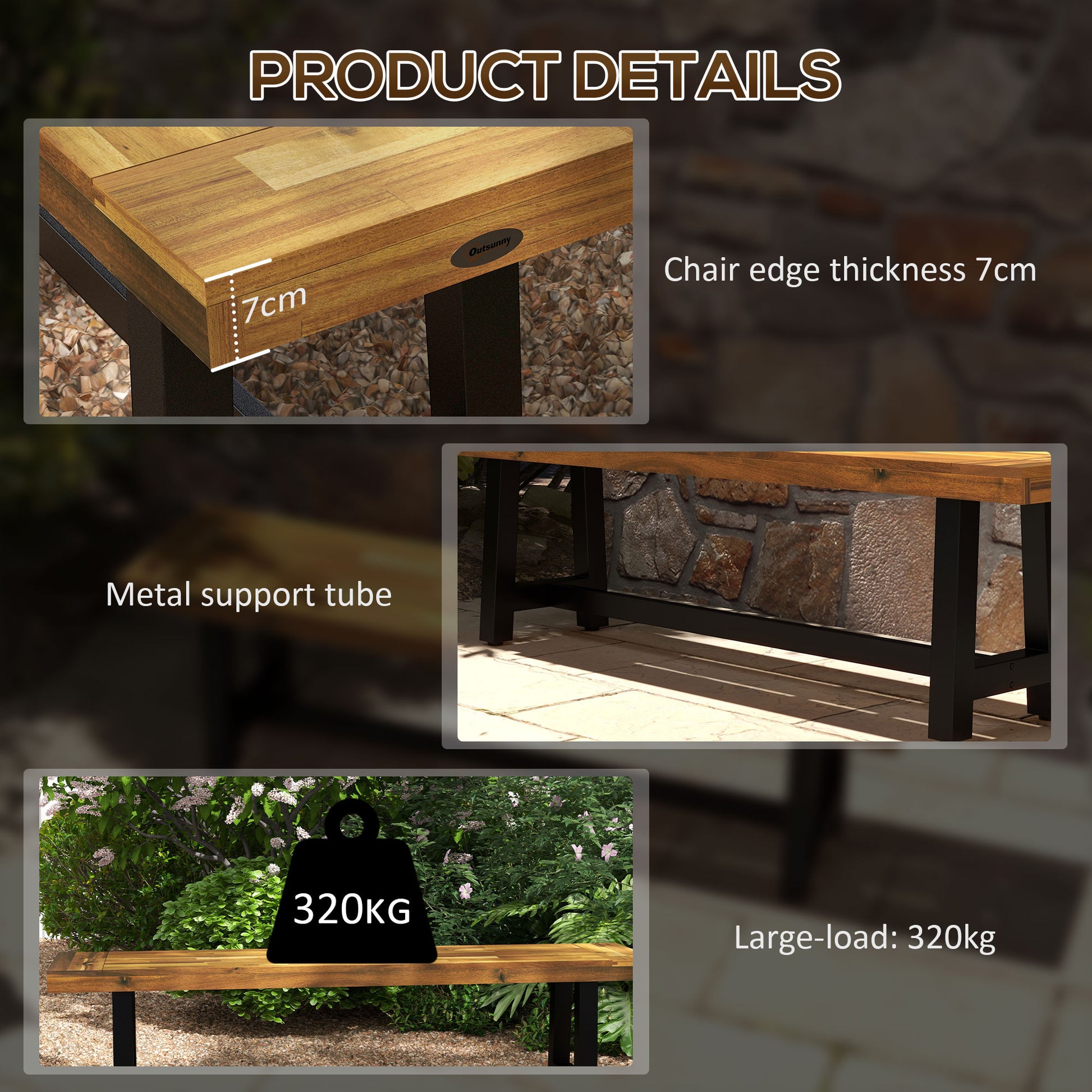 Outsunny Wooden Outdoor Garden Bench, Park Bench With Acacia Wood Seat, Front Porch Bench With Metal Frame For Conservatory, Poolside, Deck, 63" X 14.25" X 18", Natural Natural Steel