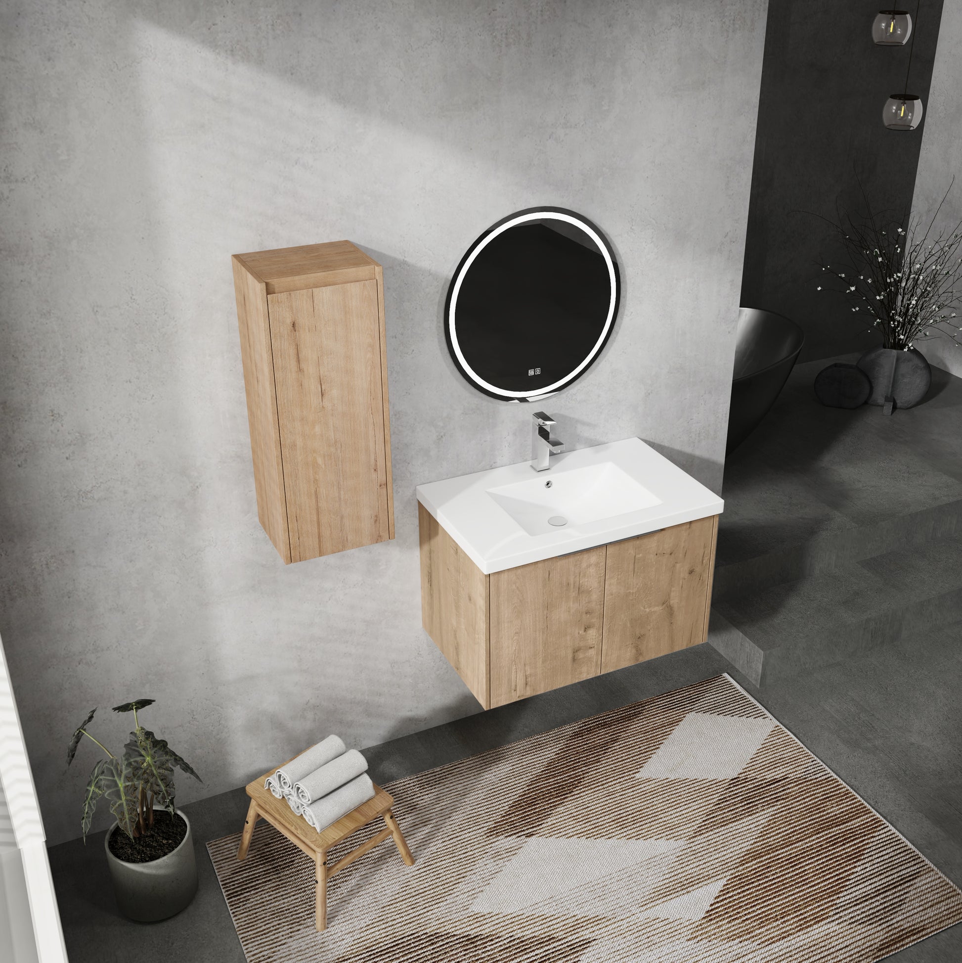 30" Wall Mounted Bathroom Vanity With Sink And Side Cabinet, Soft Close Doors,00112Imo 00630Imo Combination Cabinet Kd Packing Imitative Oak Bathroom Modern Plywood Plywood