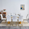 Table And Chair Set.Large Modern Rectangular Table With 0.4 Inch Patterned Glass Tabletop And Large Mdf Table Legs.Comes With 8 Chairs With Faux Leather Cushioned Seats And Golden Metal Legs. Gold White Seats 8 Mdf Glass