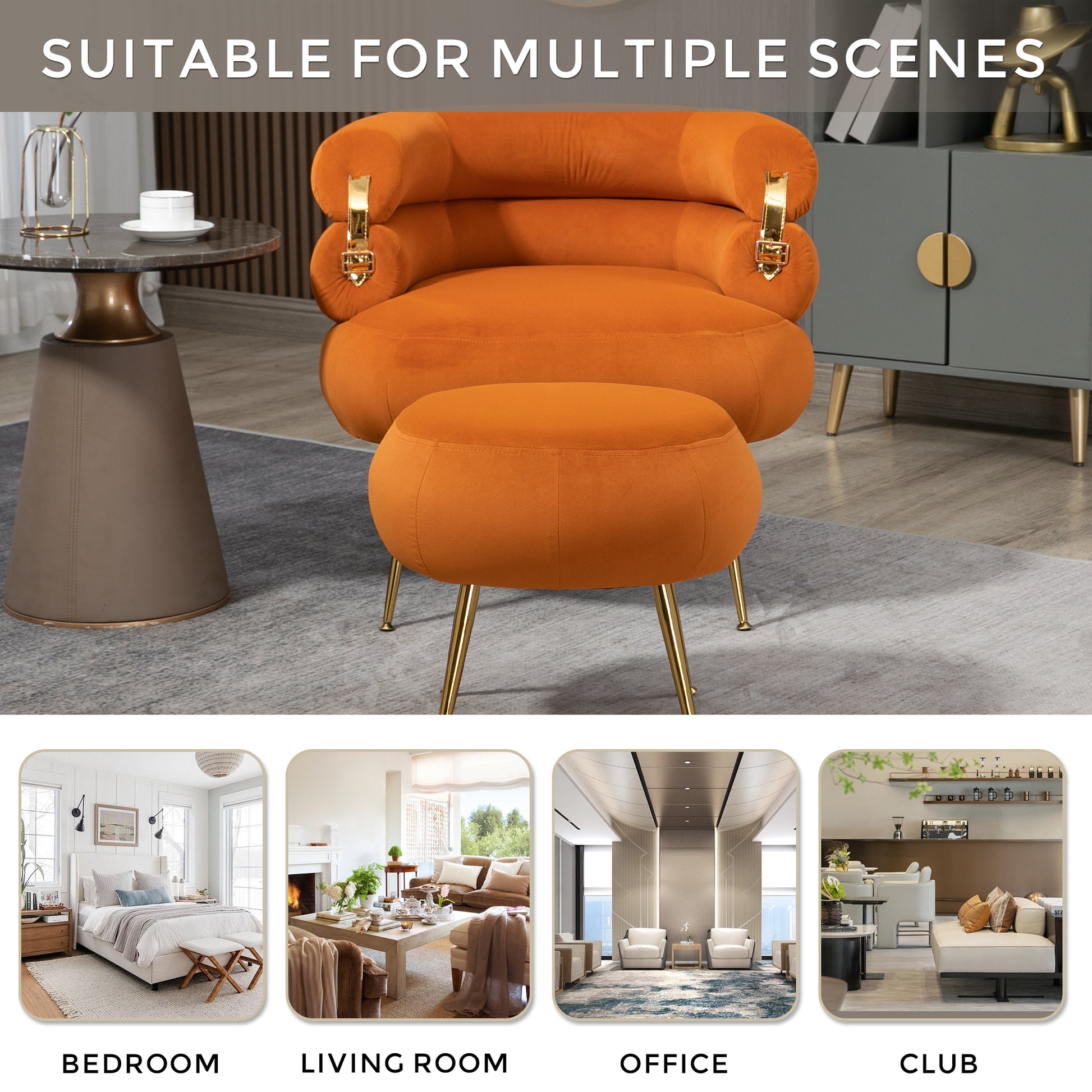 Coolmore Upholstered Velvet Barrel Accent Chair With Ottoman,Accent Comfy Lounge Arm Chair And Folding Footrest Stool Set,Single Sofa Armchair With Lounge Seat For Bedroom,Office Orange Orange Foam Velvet
