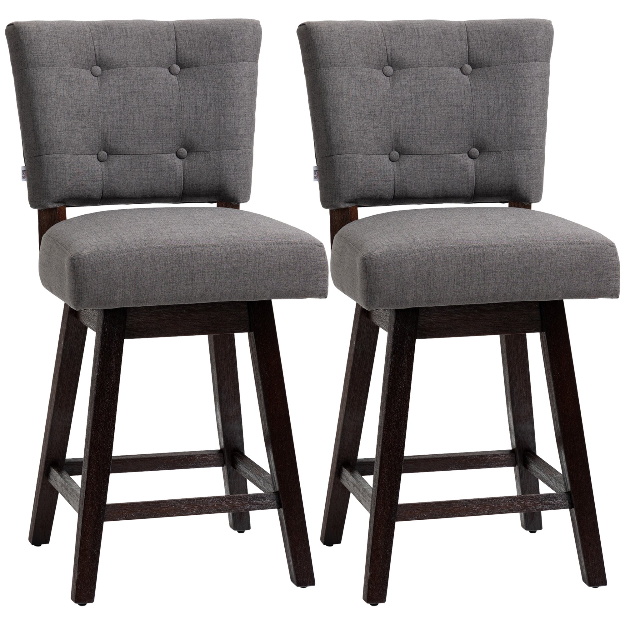 Homcom Counter Height Bar Stools Set Of 2, Fabric Tufted Swivel Barstools 26.5 Inch Seat Height With Rubber Wood Legs And Footrest For Dining Room, Kitchen, Pub, Grey Dark Grey Rubber Wood