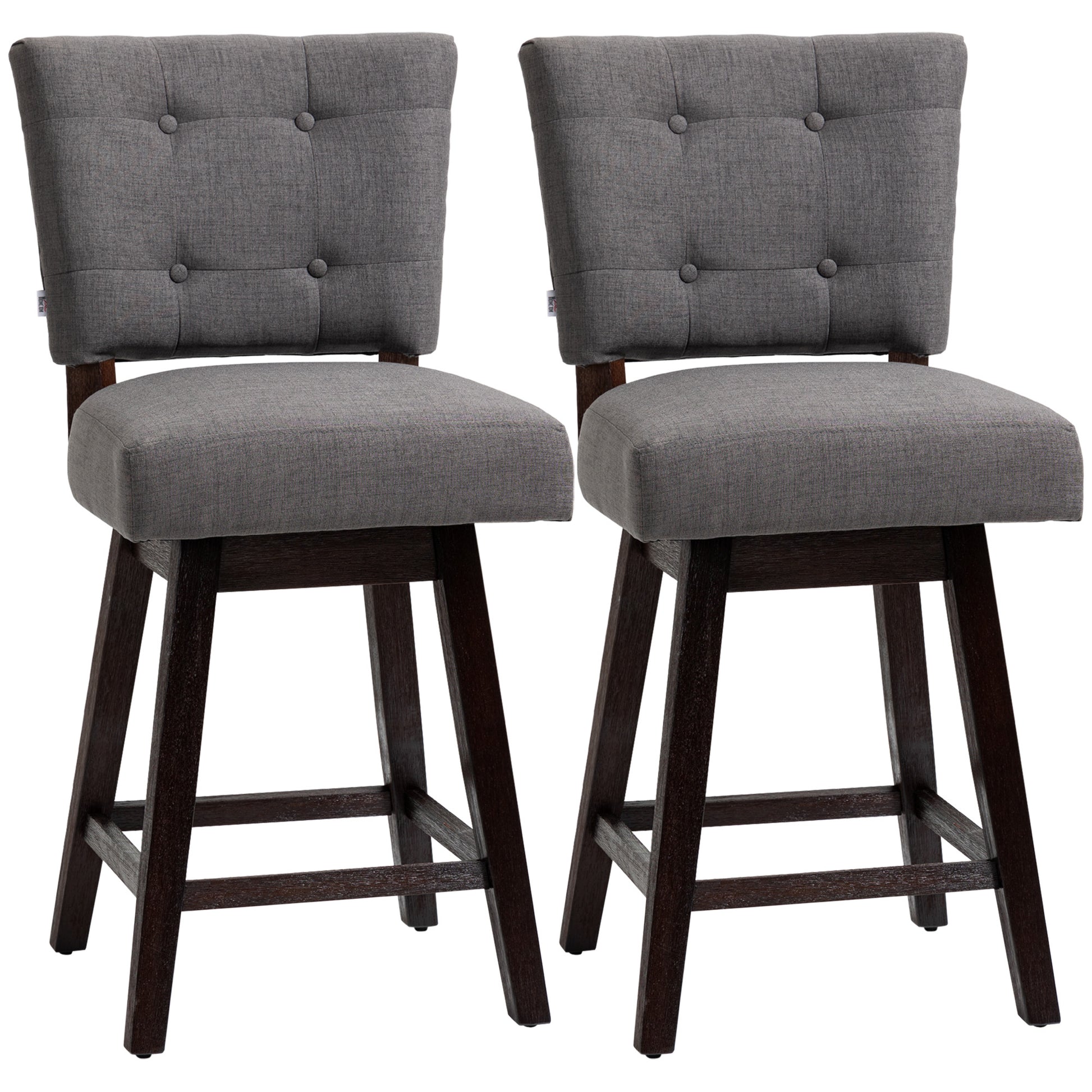 Homcom Counter Height Bar Stools Set Of 2, Fabric Tufted Swivel Barstools 26.5 Inch Seat Height With Rubber Wood Legs And Footrest For Dining Room, Kitchen, Pub, Grey Dark Grey Rubber Wood