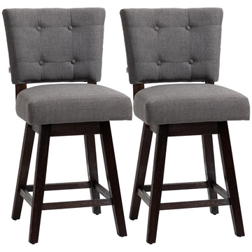 Homcom Counter Height Bar Stools Set Of 2, Fabric Tufted Swivel Barstools 26.5 Inch Seat Height With Rubber Wood Legs And Footrest For Dining Room, Kitchen, Pub, Grey Dark Grey Rubber Wood