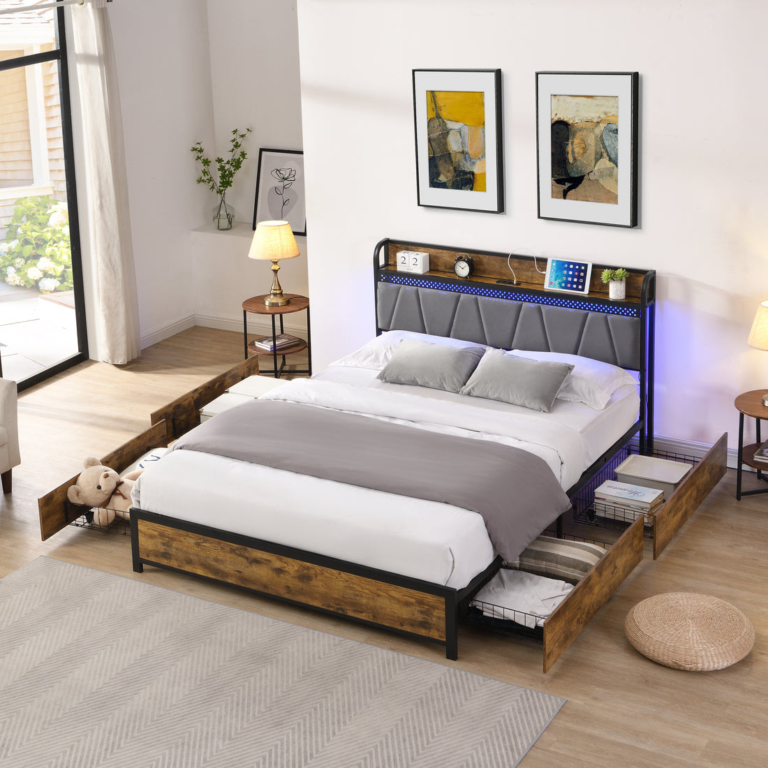 King Size Bed Frame, Storage Headboard With Charging Station And 4 Storage Drawers,Led Lightsbrown And And Gray Black Brown Grey Mdf Metal
